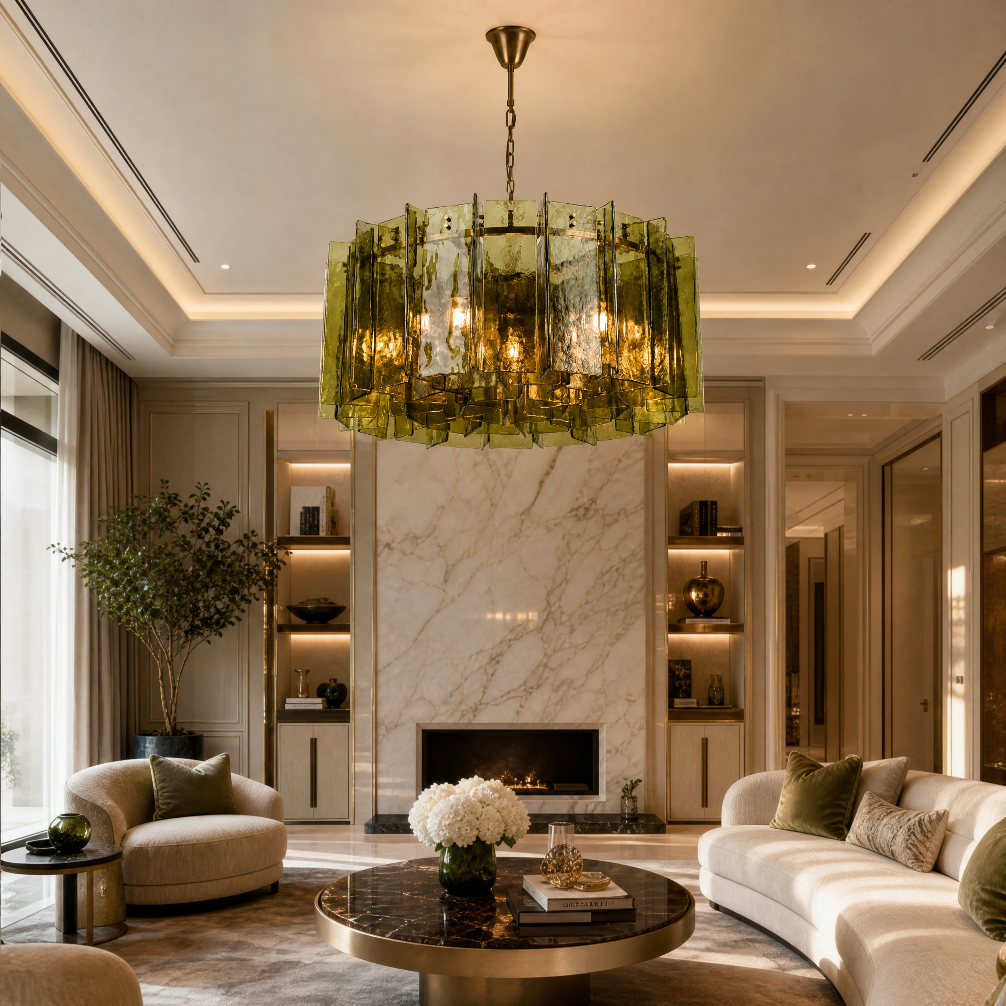 The Berlinio green circular chandelier by Vorelli suspended over a luxury residential living room dining setup, showcasing its vintage-inspired tiered design.