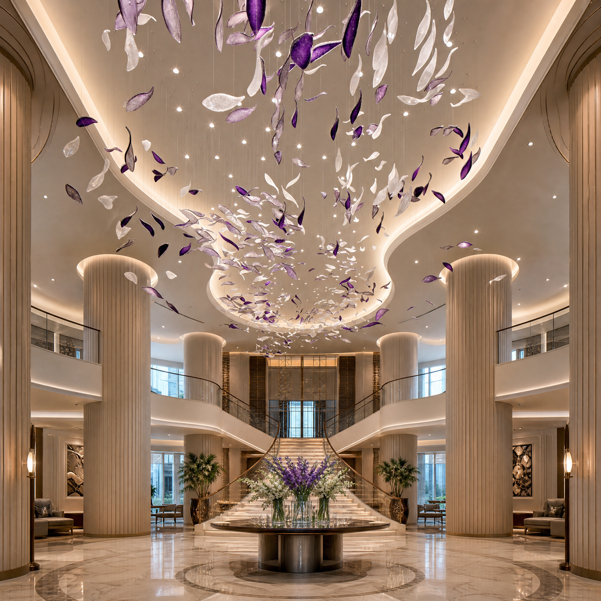 Grand VORELLI glass leaf sculpture with clear and soft purple tones suspended in a high-end hospitality hotel lobby.