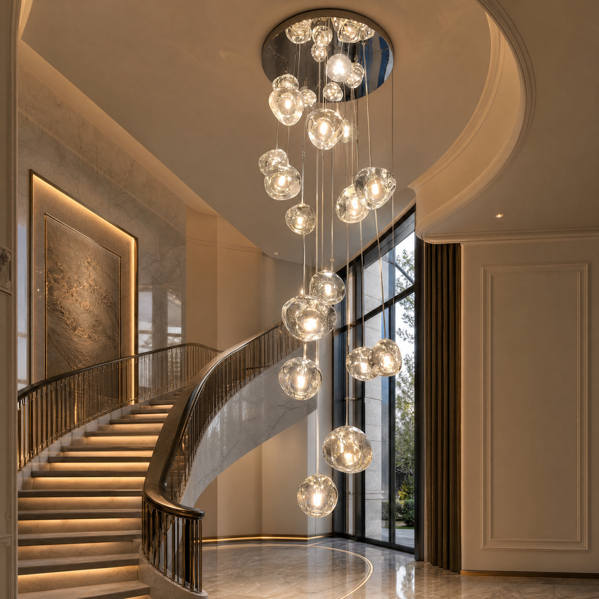 Grand hospitality interior featuring the VORELLI Biella staircase chandelier with shimmering artistic glass pendants in a high-end lobby.