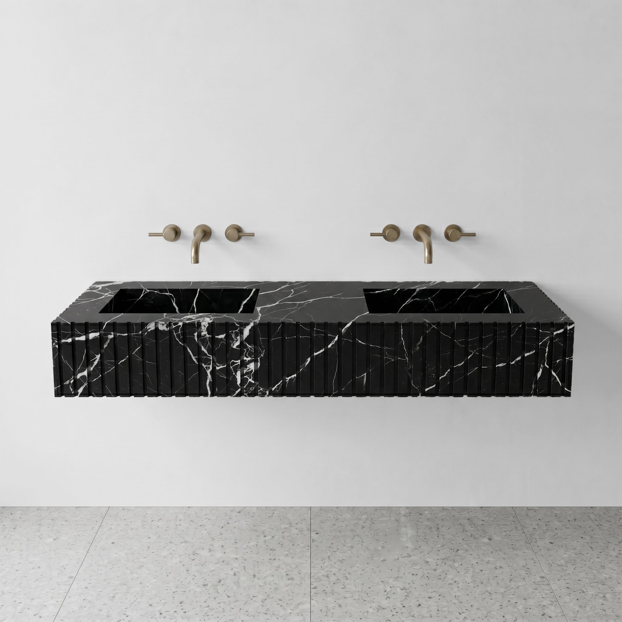 Black Marquina Marble Double Sink - Fluted