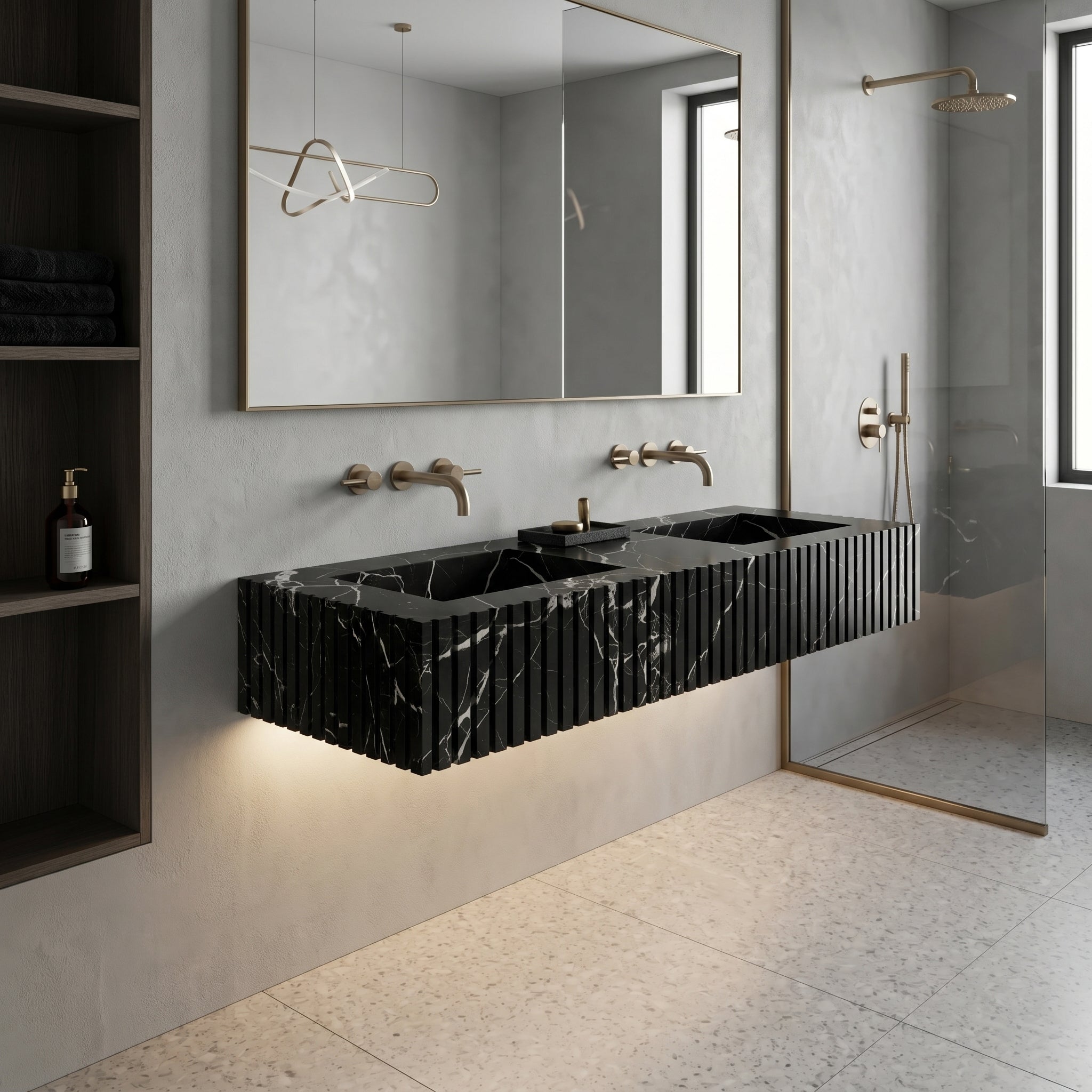 Black Marquina Marble Double Sink - Fluted