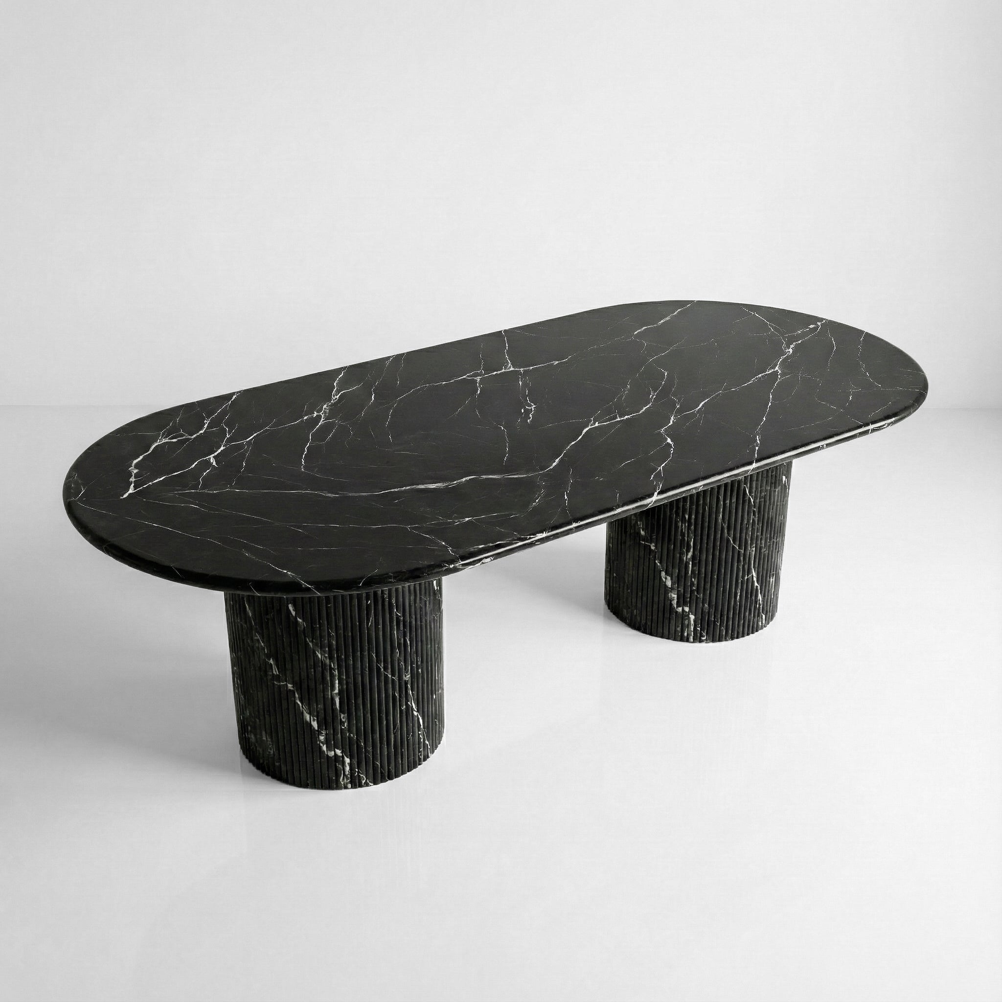 Black Marquina Marble Oval Dining Table - Fluted