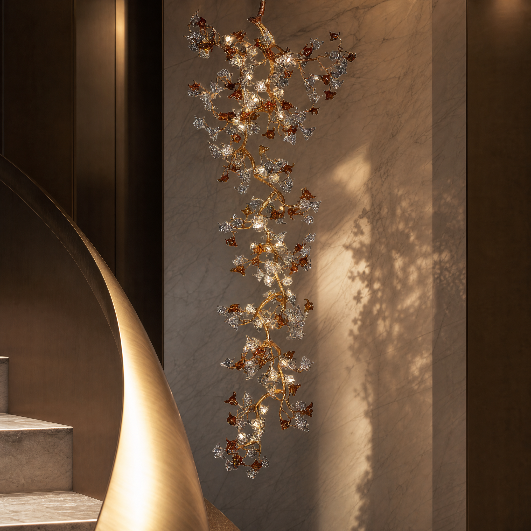 Close-up detail of the hand-crafted flowing glass petals and subtle amber highlights of the VORELLI Bloom staircase chandelier.