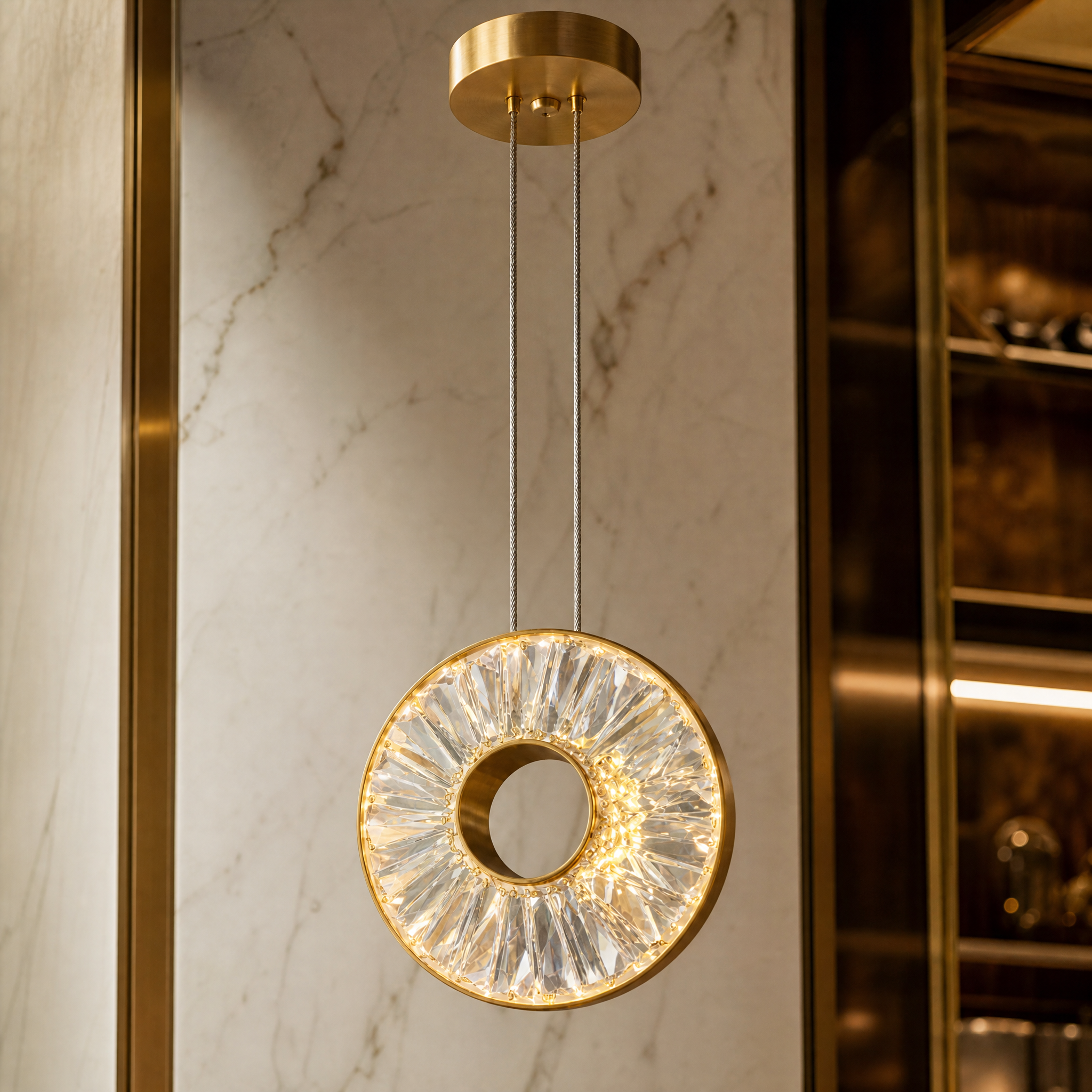 Macro shot of intricate crystal bar detailing on the VORELLI Bocelli pendant chandelier.