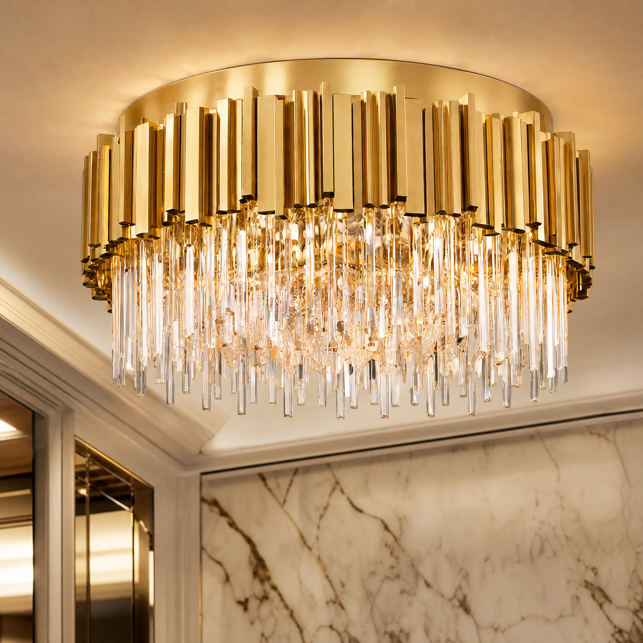 A detailed closeup of the Boeotia ceiling light showing the precise alignment of elegant crystal bars against the minimalist cuboid tubing frame.