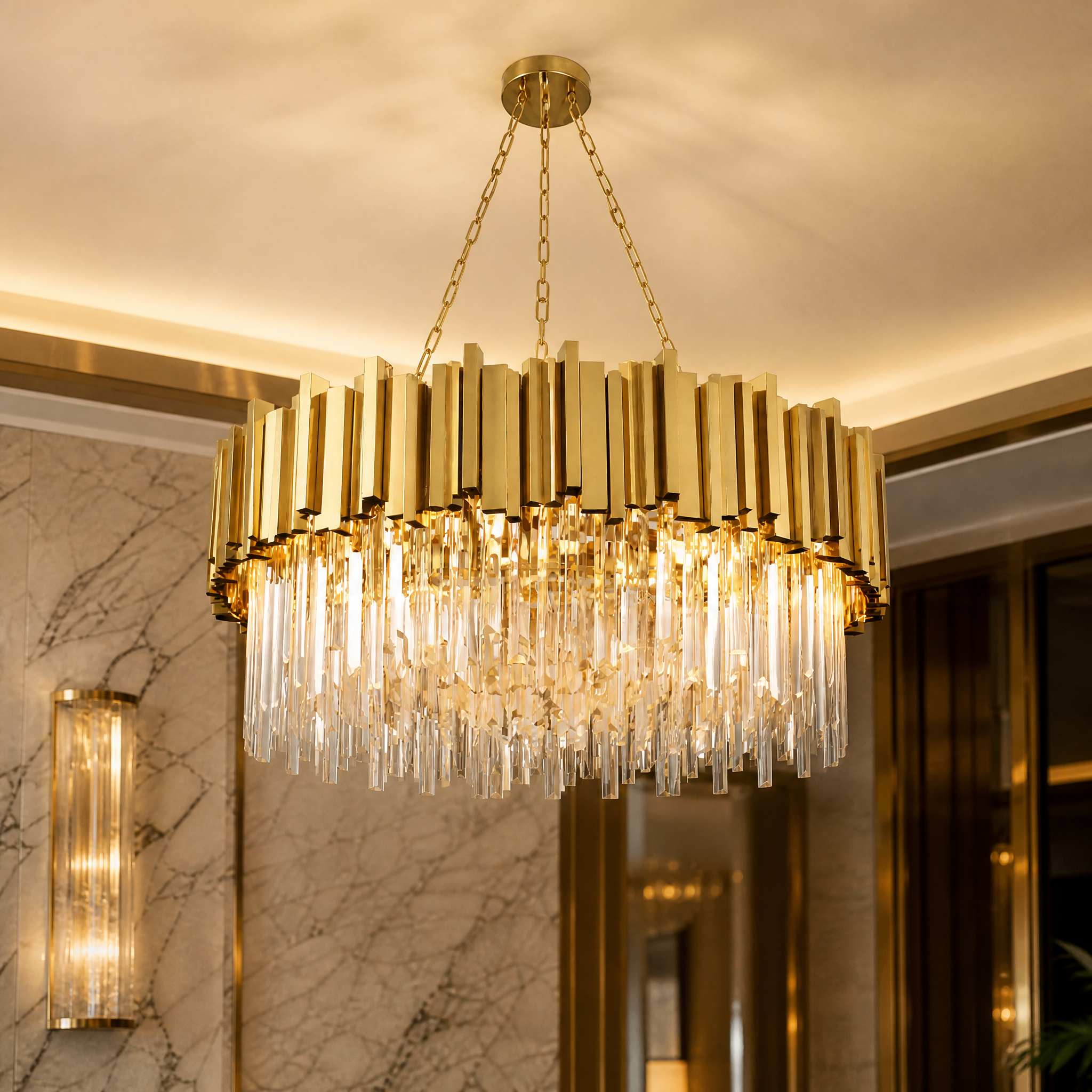 Close-up detail of the Boeotia chandelier showing precision-cut crystal bars intersecting with sleek metal cuboid tubing.