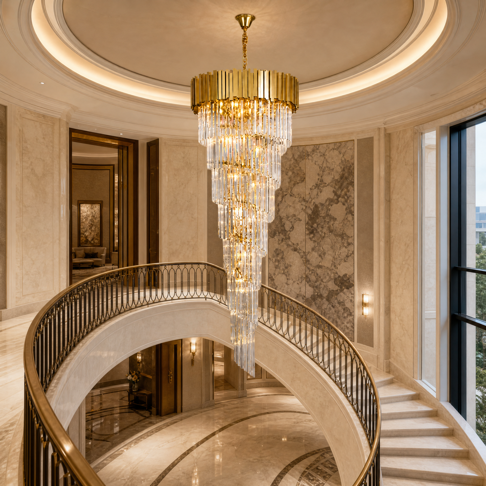 Grand hospitality setting showcasing the VORELLI Boeotia spiral chandelier, illuminating a sophisticated hotel lobby with its artistic heritage-inspired crystal design.