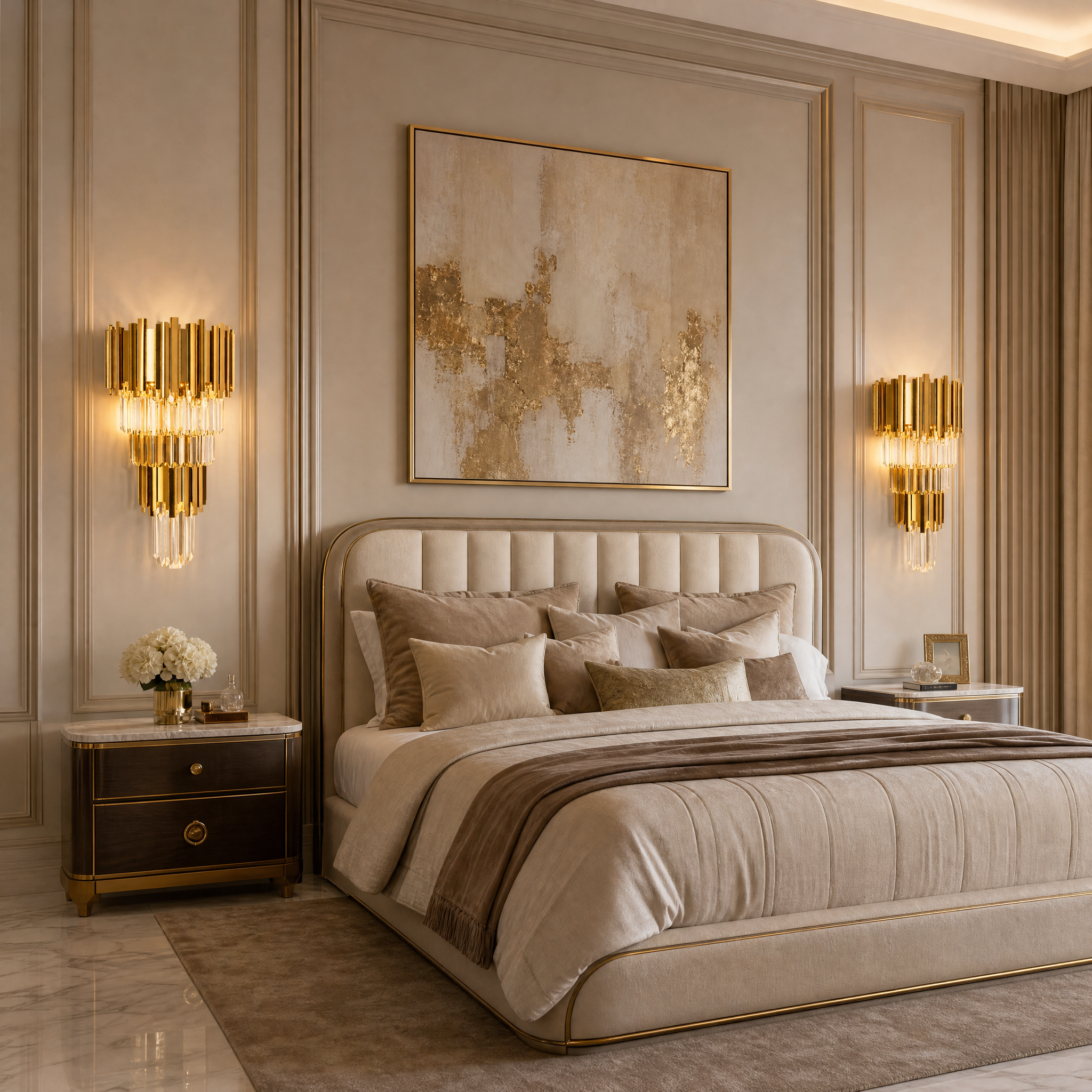 A modern Boeotia double wall light illuminating a contemporary living room with elegant crystal accents.