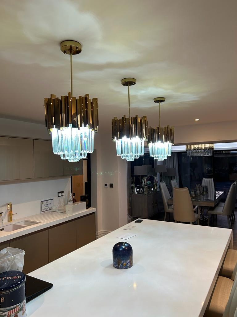 Contemporary Boeotia pendant light with precision-cut crystal bars for luxury interiors