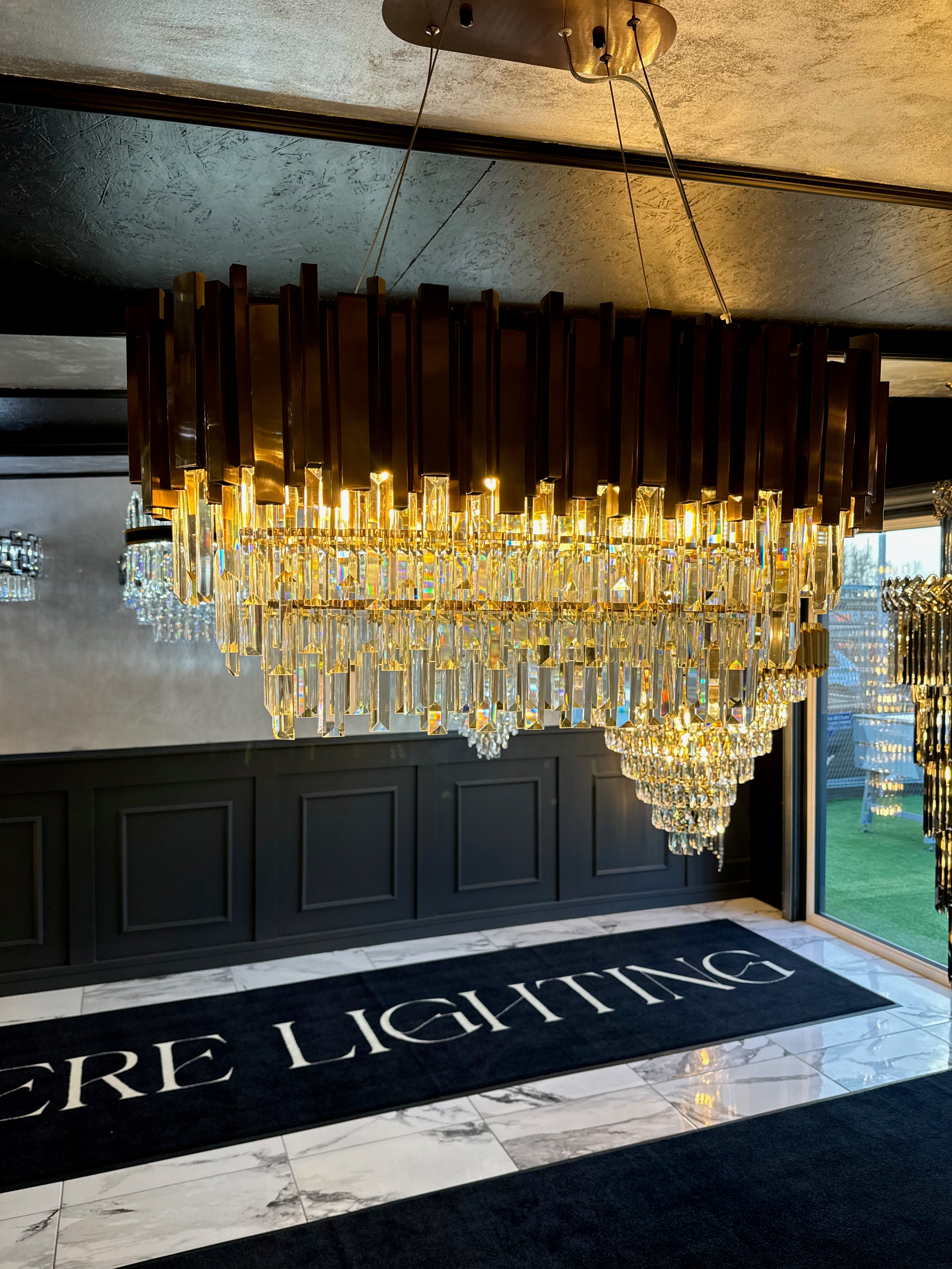 Boeotia rectangular crystal chandelier showcasing layered diamond cut prisms in a contemporary interior