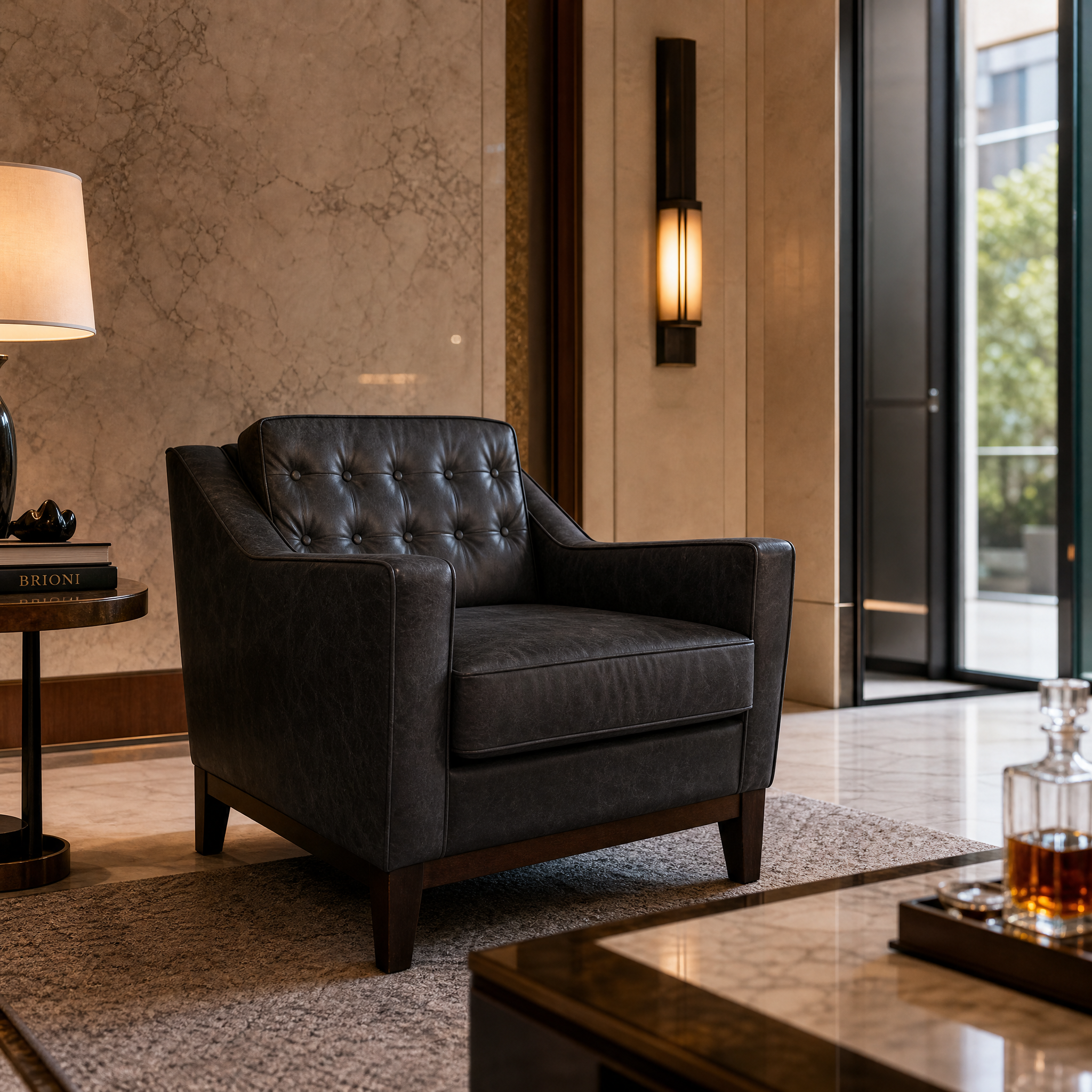 Elegant Borgevo walnut armchairs with Oxford grey fabric arranged in a sophisticated hotel lounge and hospitality interior.