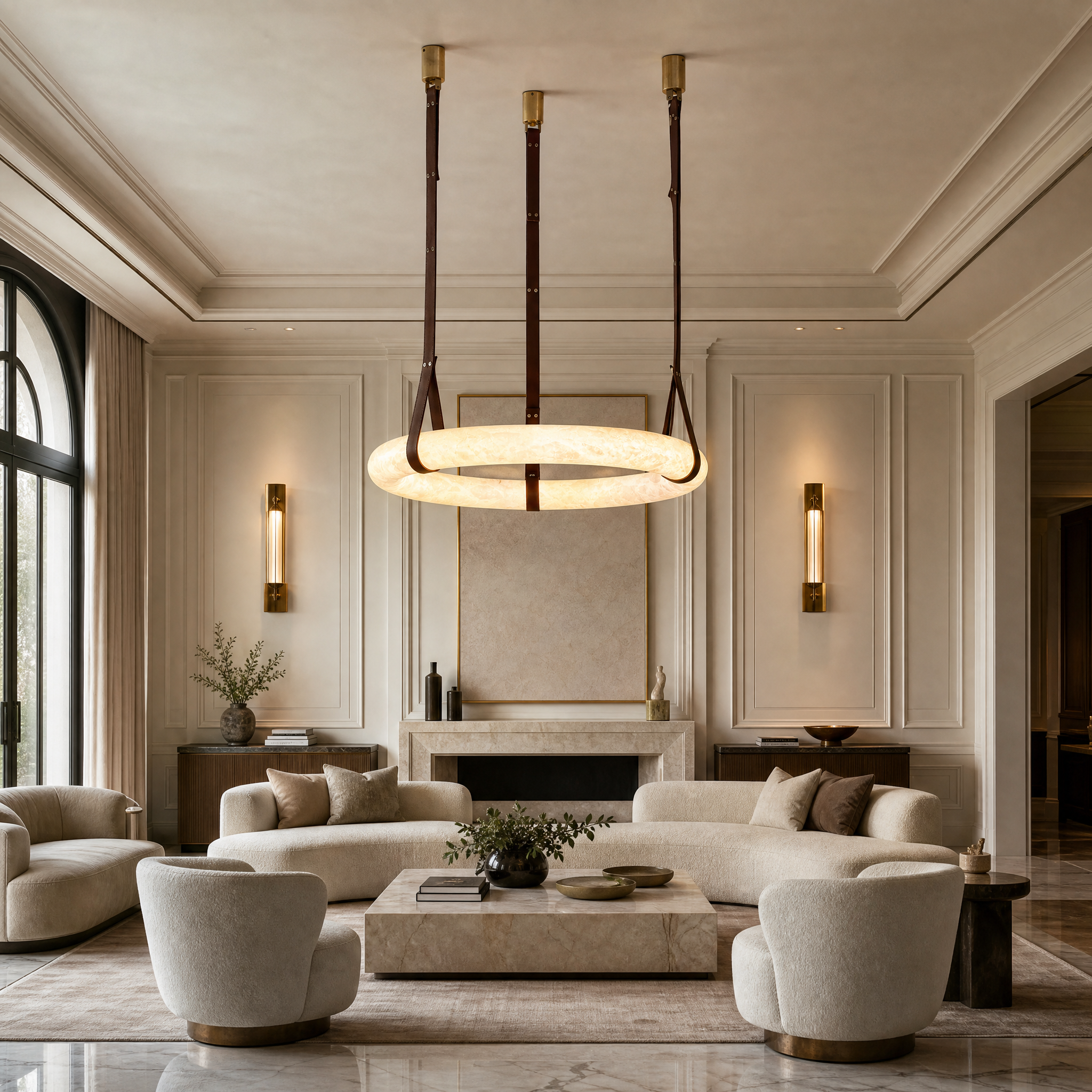 Botticino marble ceiling light installed in a contemporary residential living room with soft ambient lighting.