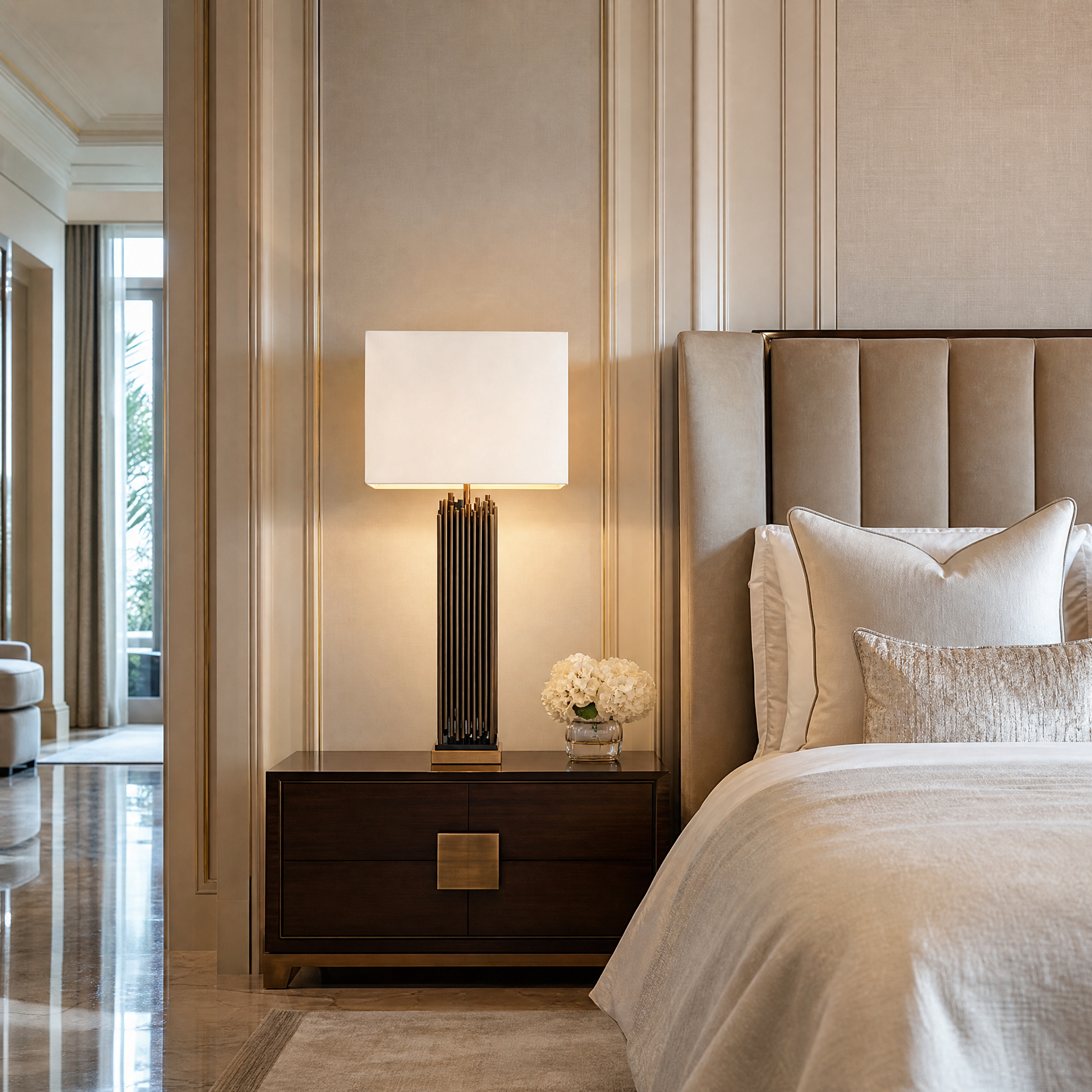 A Bravion brass and marble table lamp styling a modern living room side table with a warm, diffused glow.