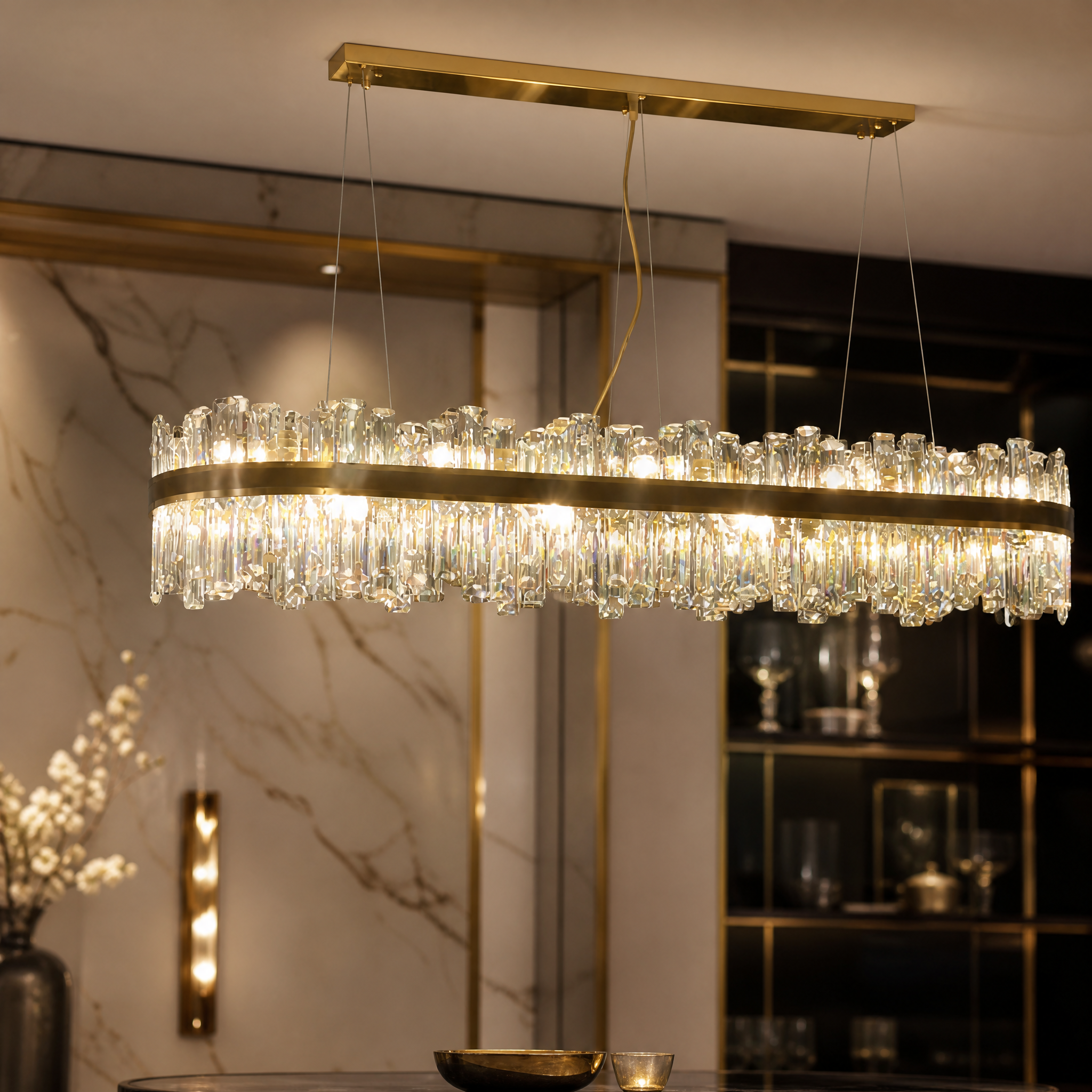 Close-up detail of the VORELLI Brighouse Chandelier highlighting the alternating sizes of its rounded rectangle crystals.