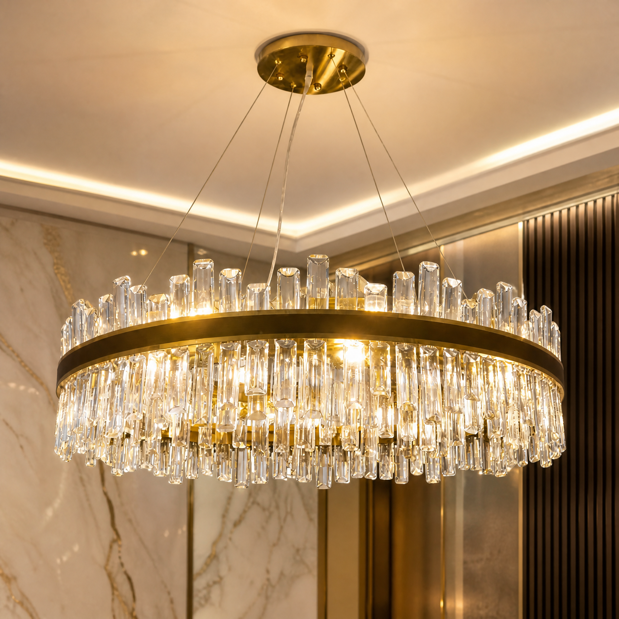 Close-up detail of the premium rounded rectangle crystals on the Brighouse circular chandelier reflecting light.