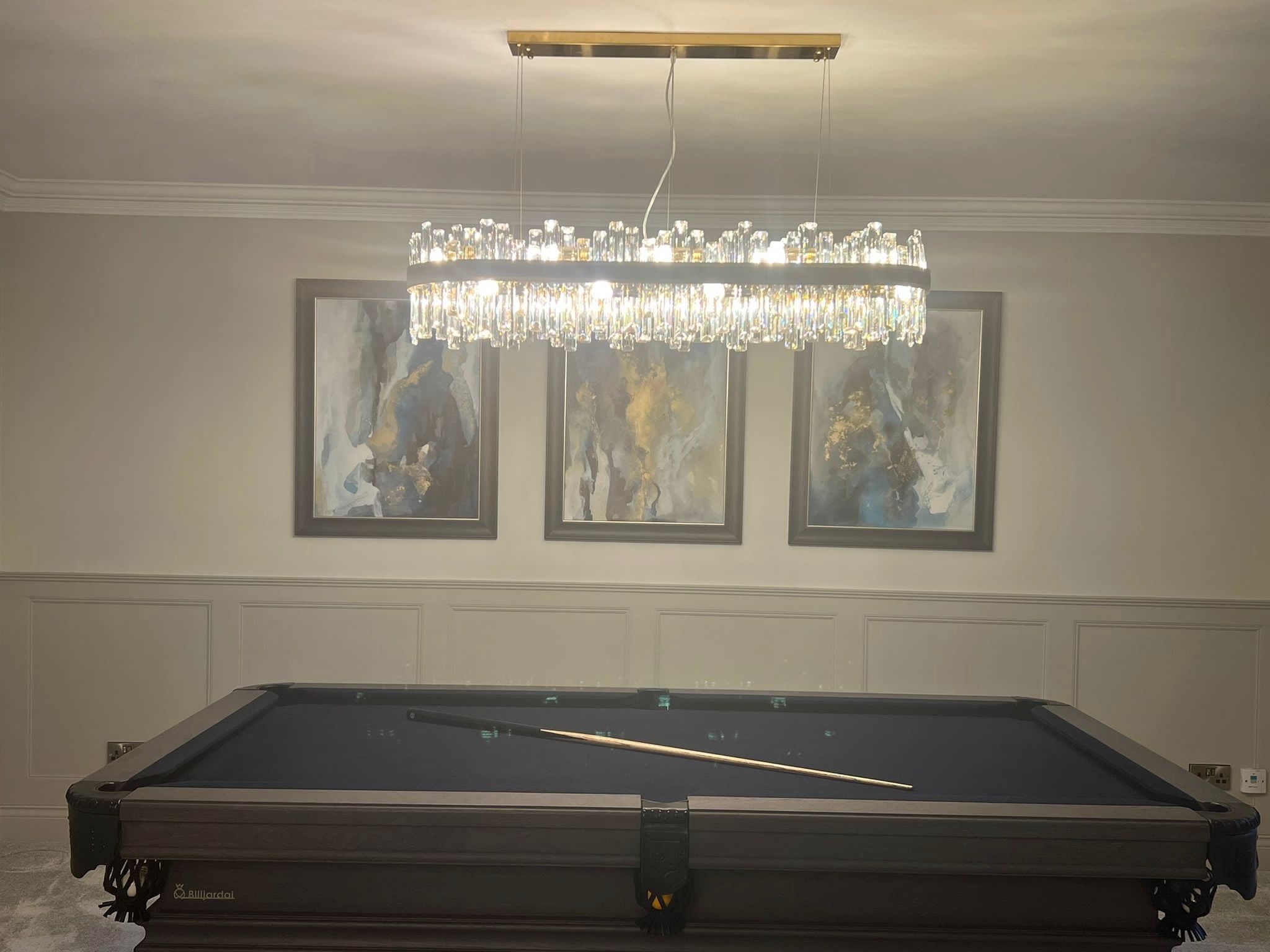 Close-up of the Brighouse rectangular chandelier with diamond cut crystal bars