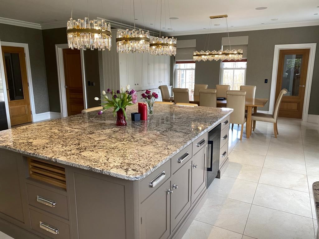 Brighouse rectangular chandelier suspended above a luxury kitchen island