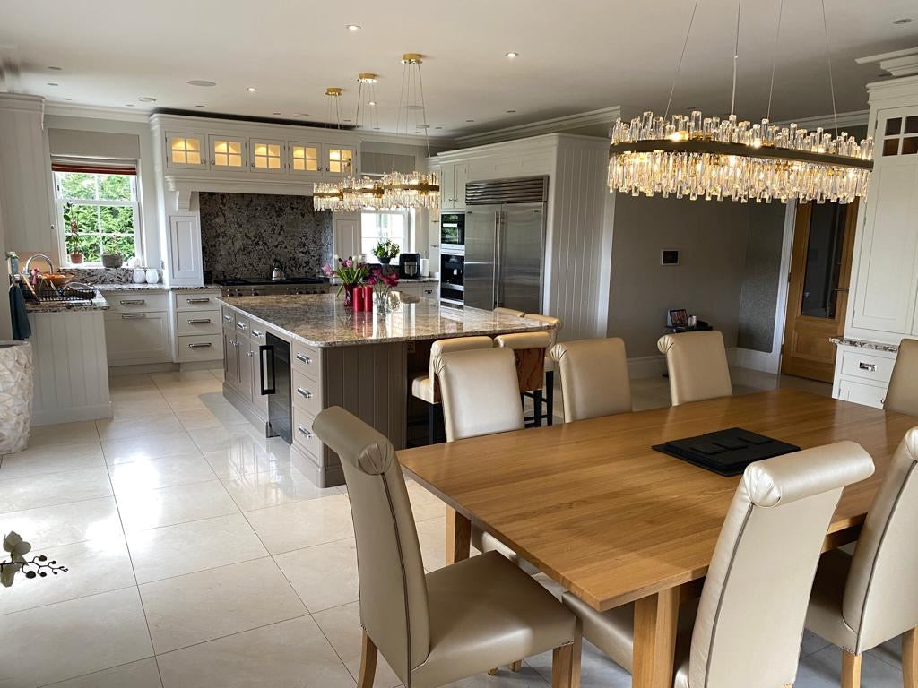 Wide view of Brighouse rectangular chandelier installed above a pool table