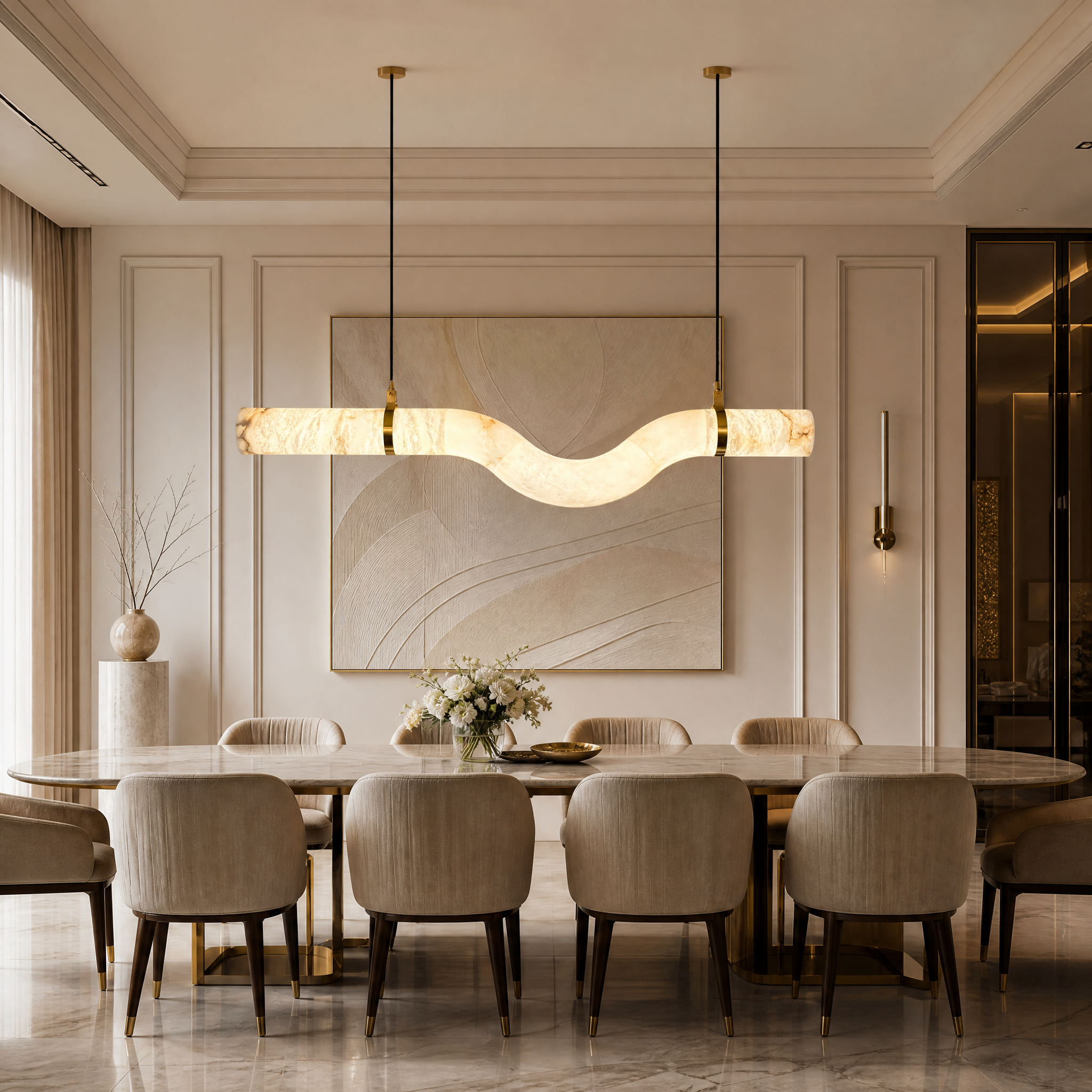 VORELLI Caesar marble rectangular chandelier illuminating a luxury residential kitchen island with a warm ambient glow.