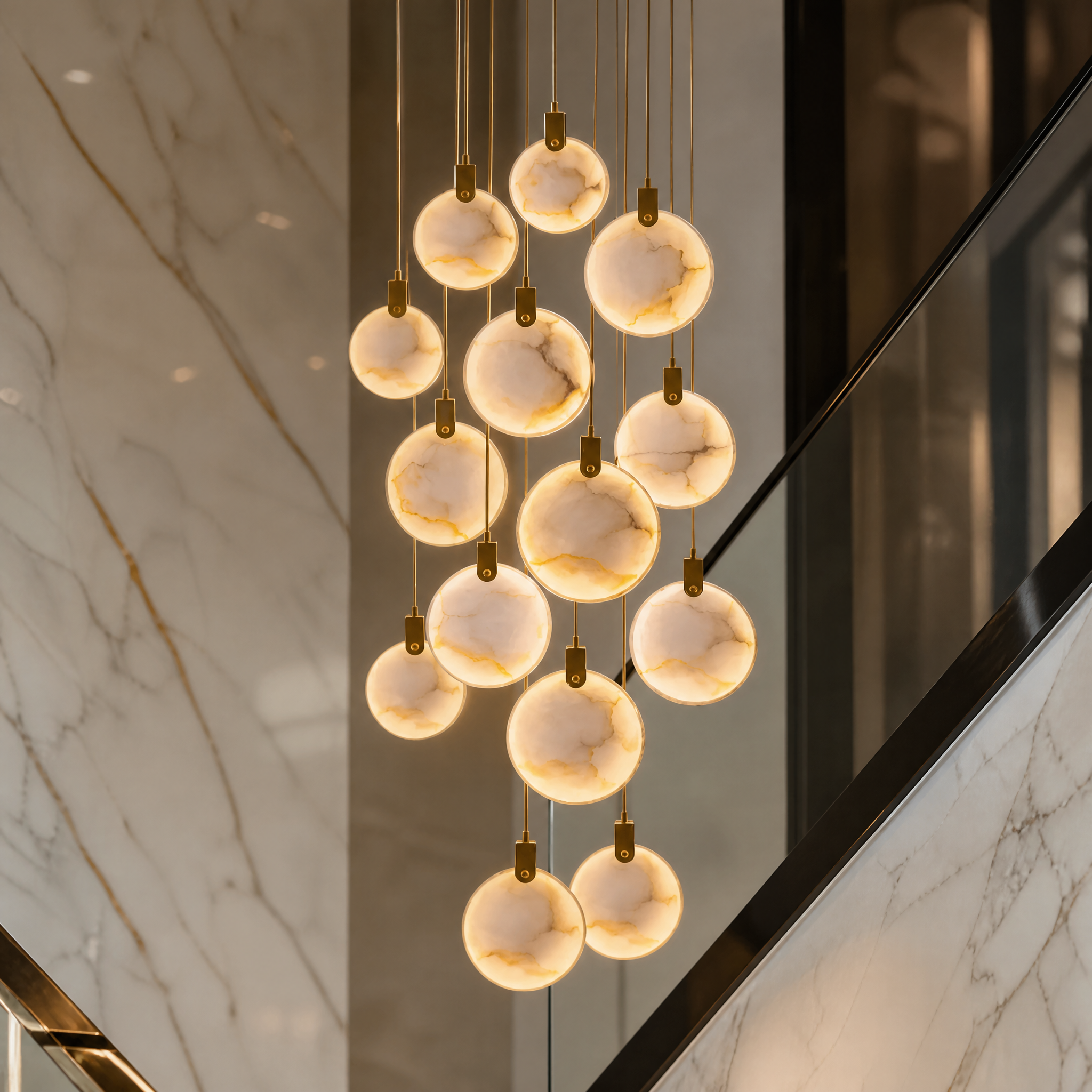 Macro shot of a VORELLI Calacatta marble pendant showing the intricate, unique natural veining and high-end luxury craftsmanship.
