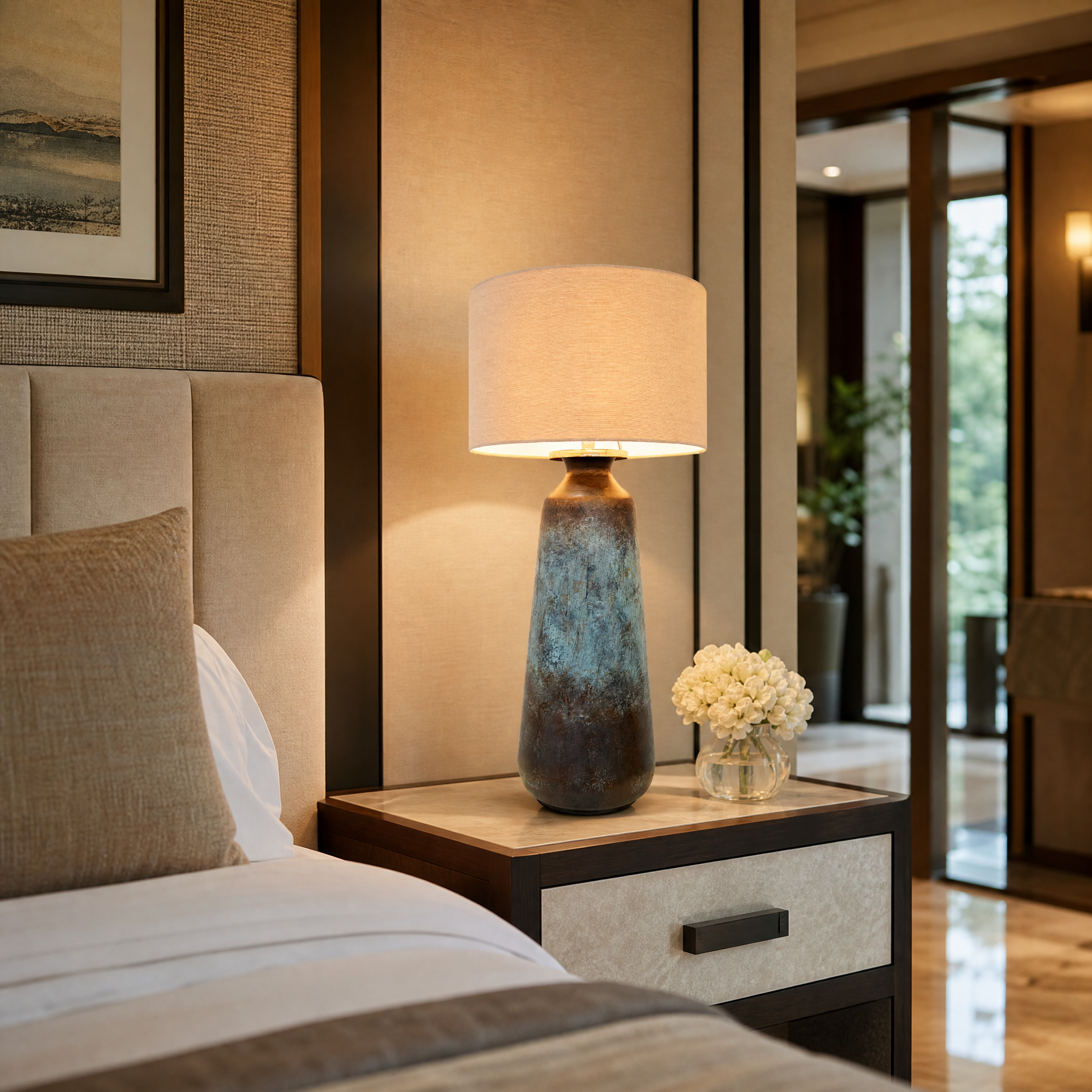An elegant arrangement of VORELLI Caldera blue and bronze sculptural table lamps illuminating a sophisticated hotel lounge area with refined artistic style.