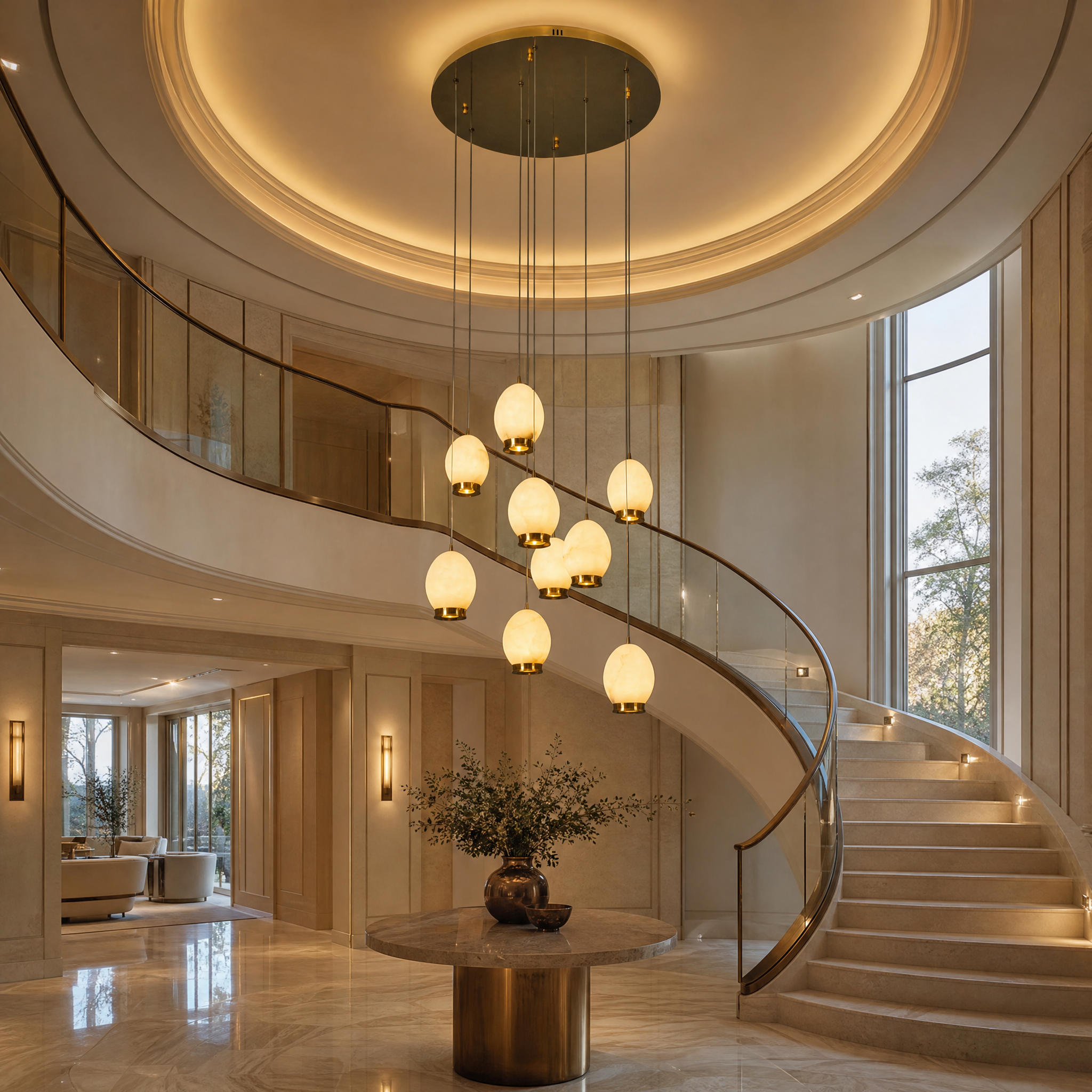 A luxurious VORELLI Caledonia marble staircase chandelier hanging elegantly in a grand modern residential foyer, casting a soft and warm glow.