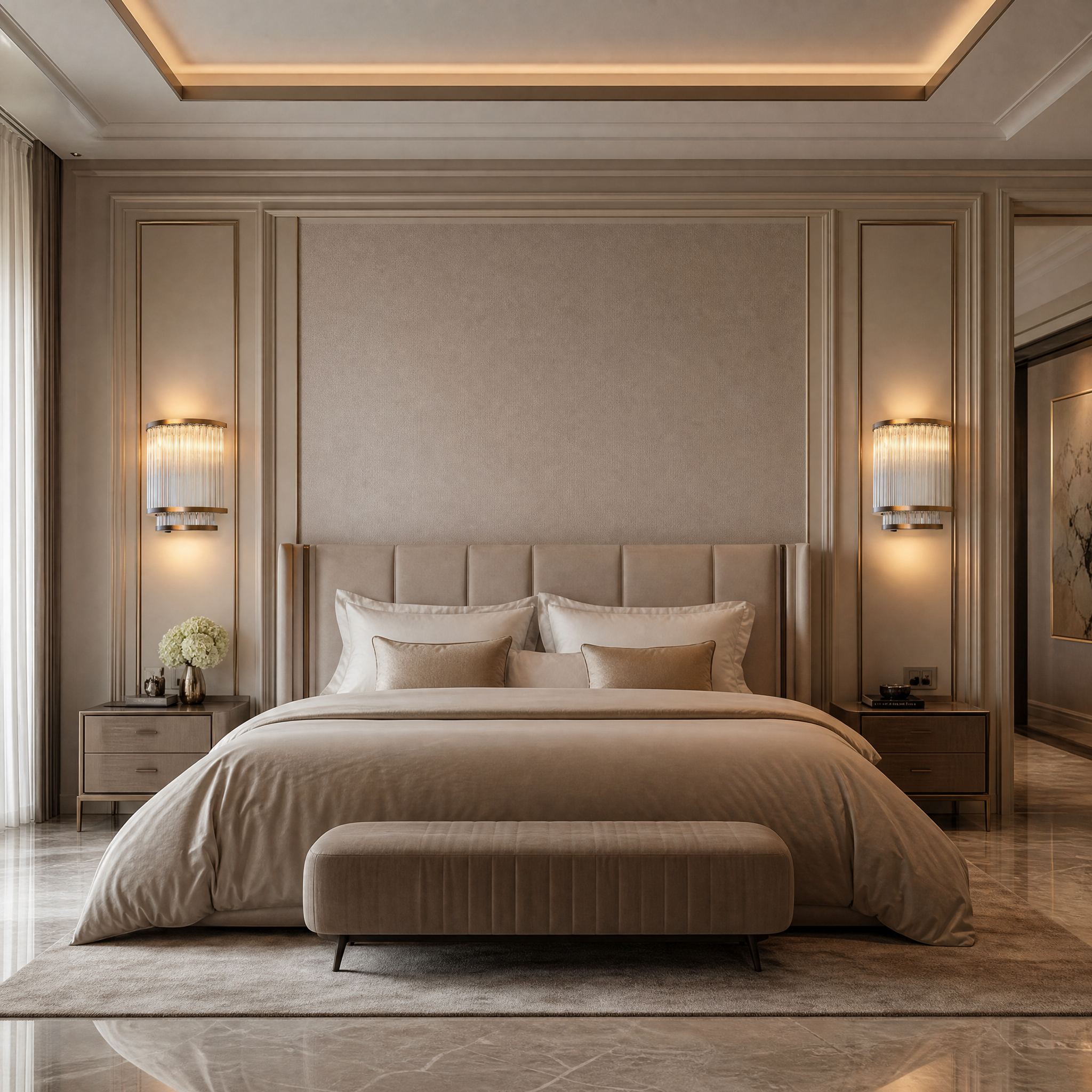A warm, elegant Calindra wall light mounted in a modern hallway, showcasing bronze framing and layered glass rods.