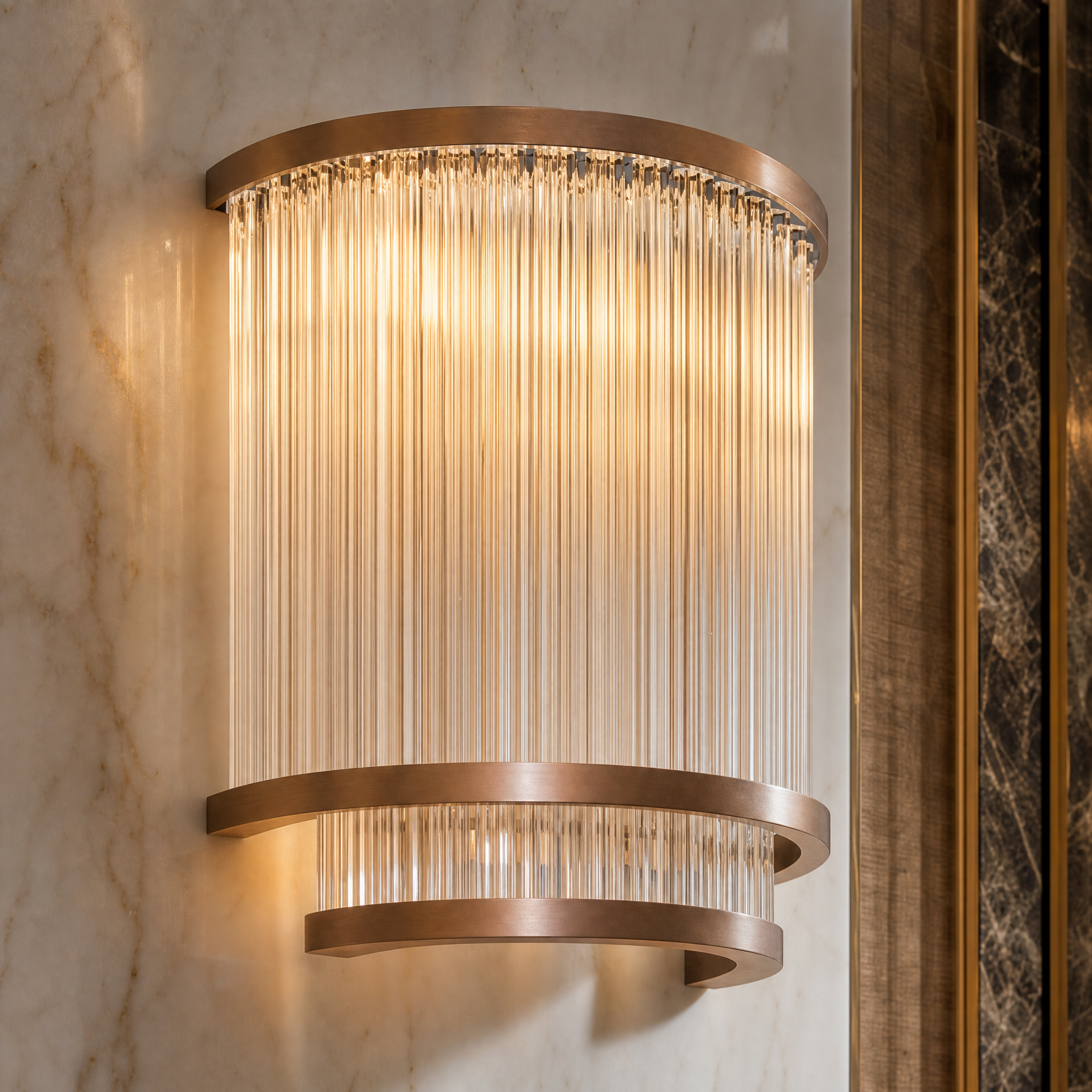 Close-up detail of the layered glass rod construction and refined bronze finish on the Vorelli Calindra wall light.