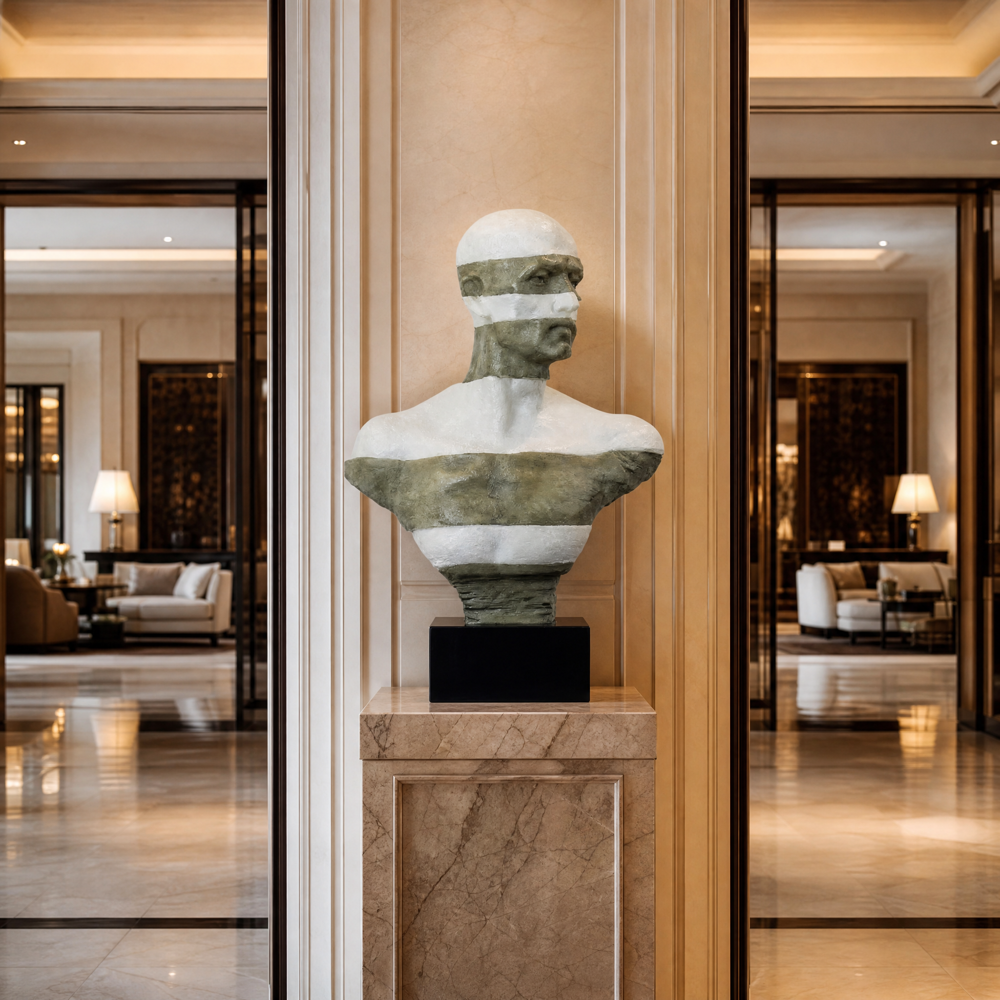 The dramatic Calvaro male bust decorative accent by VORELLI displayed in a high-end hospitality lounge or hotel lobby.