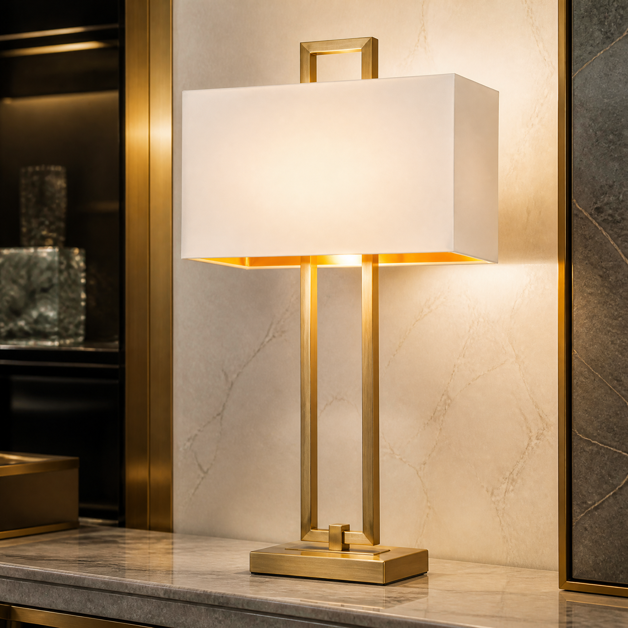 Macro closeup of the refined antique brass frame and premium opal fabric shade textures on the VORELLI Calvero table lamp.