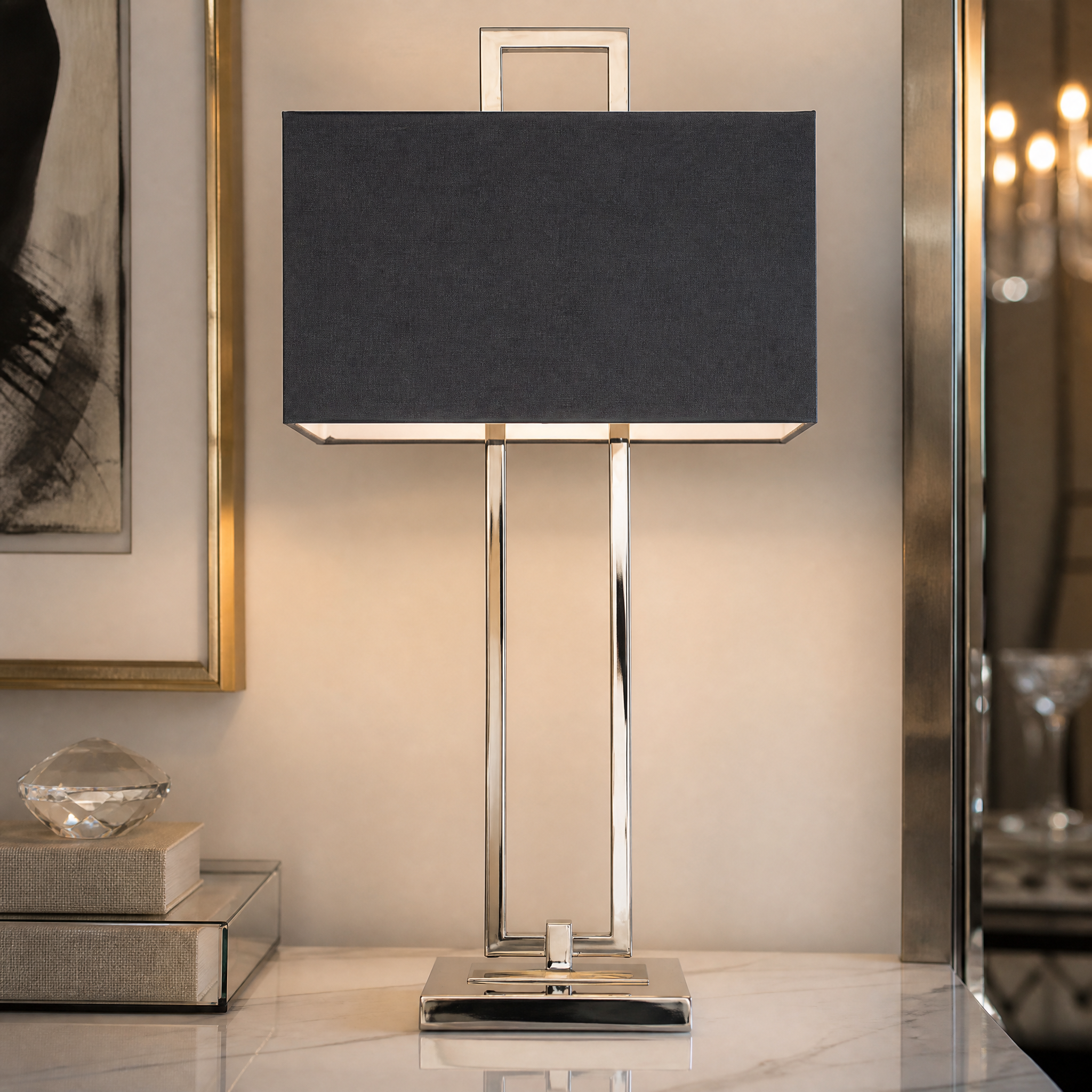 Close-up detail of the VORELLI Calvero table lamp highlighting the texture of the structured dark fabric shade and the sleek brushed nickel frame finish.