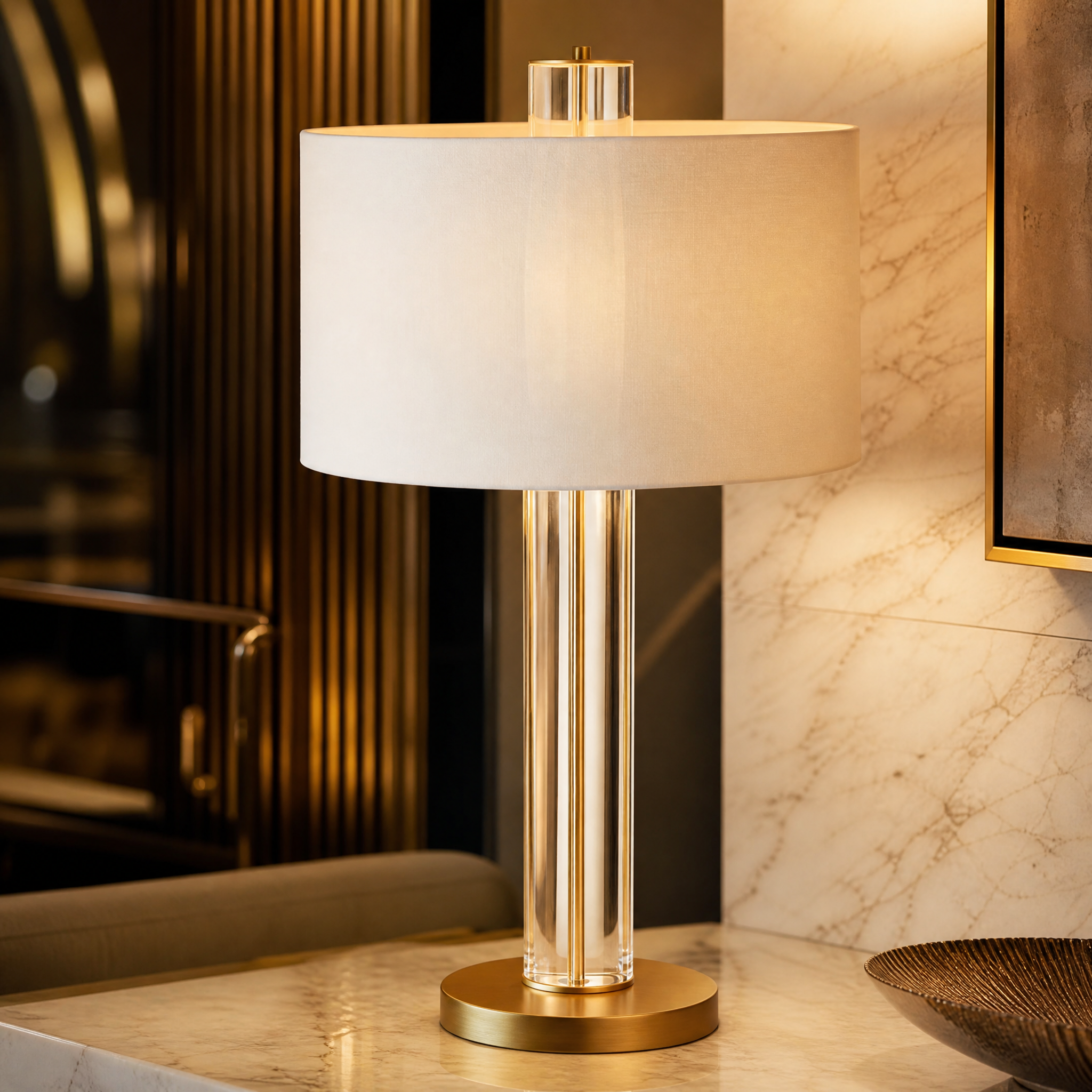 Close up view of the antique brass finish and intricate crystal column details of the Calviro lamp