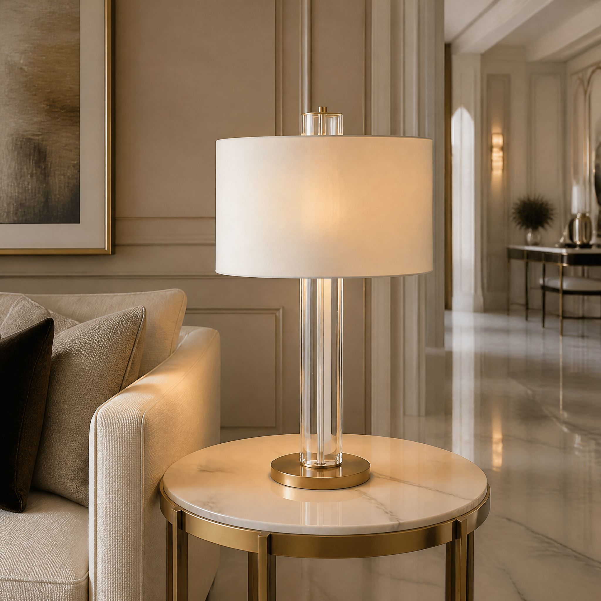 Calviro brass and crystal table lamp glowing on a side table in a luxury living room