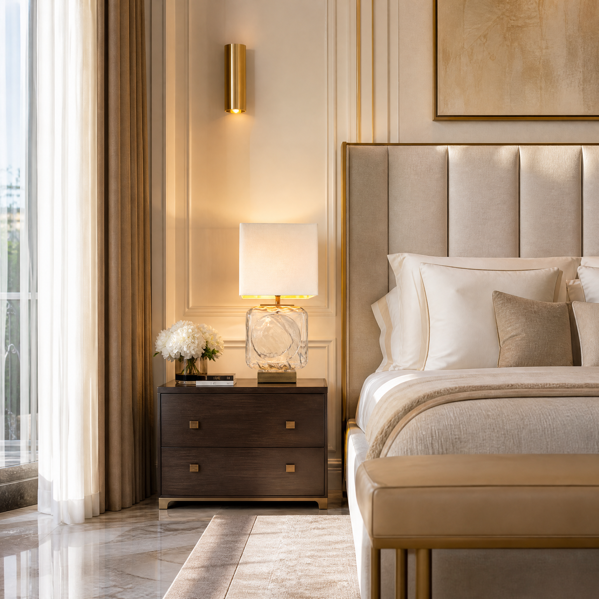 VORELLI Calvoro contemporary table lamp with a sculpted clear glass cube base and antique brass trim, illuminating a modern residential bedroom setting.