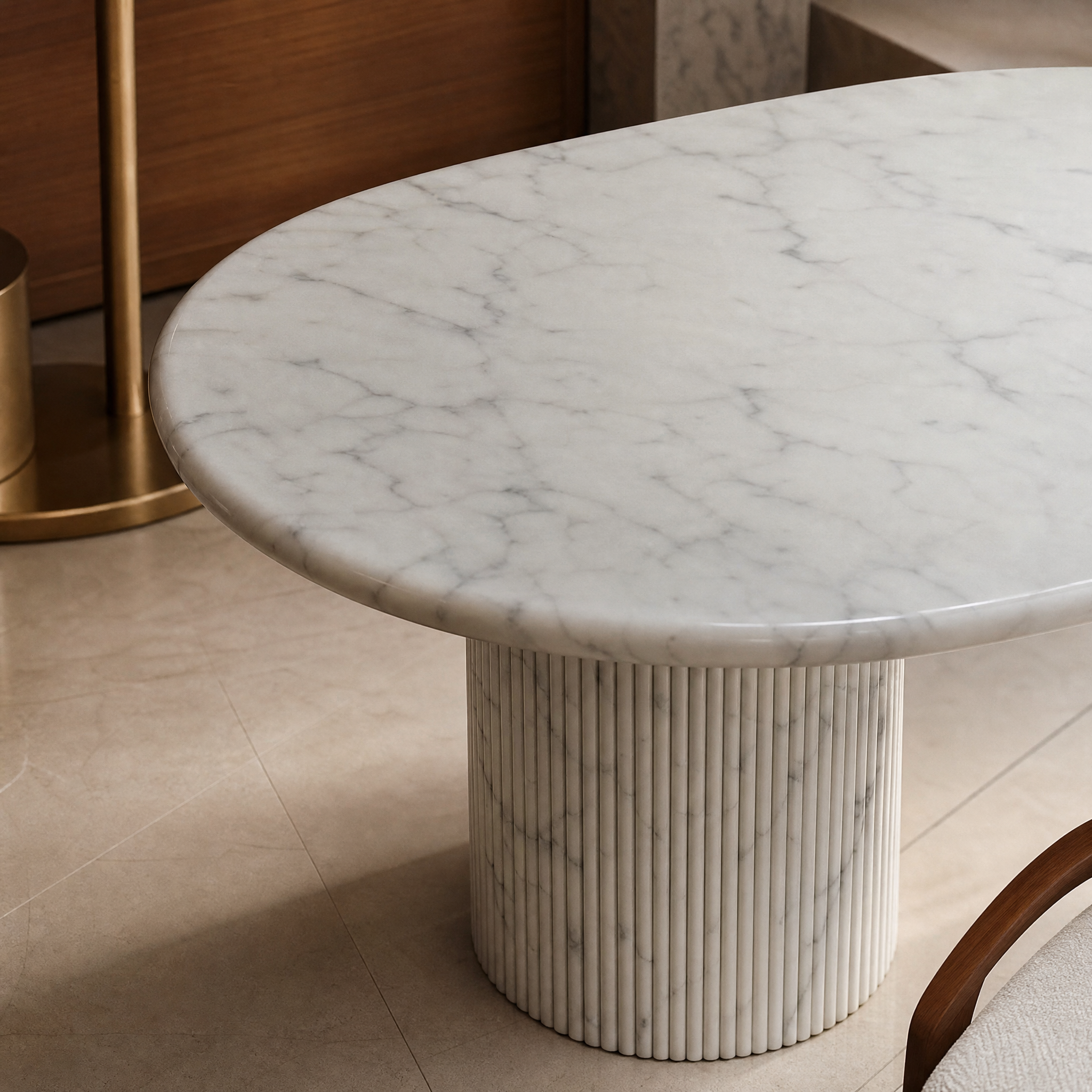 Detailed closeup of the VORELLI White Carrara marble dining table top showcasing the unique light-grey feathered veining and natural stone texture.