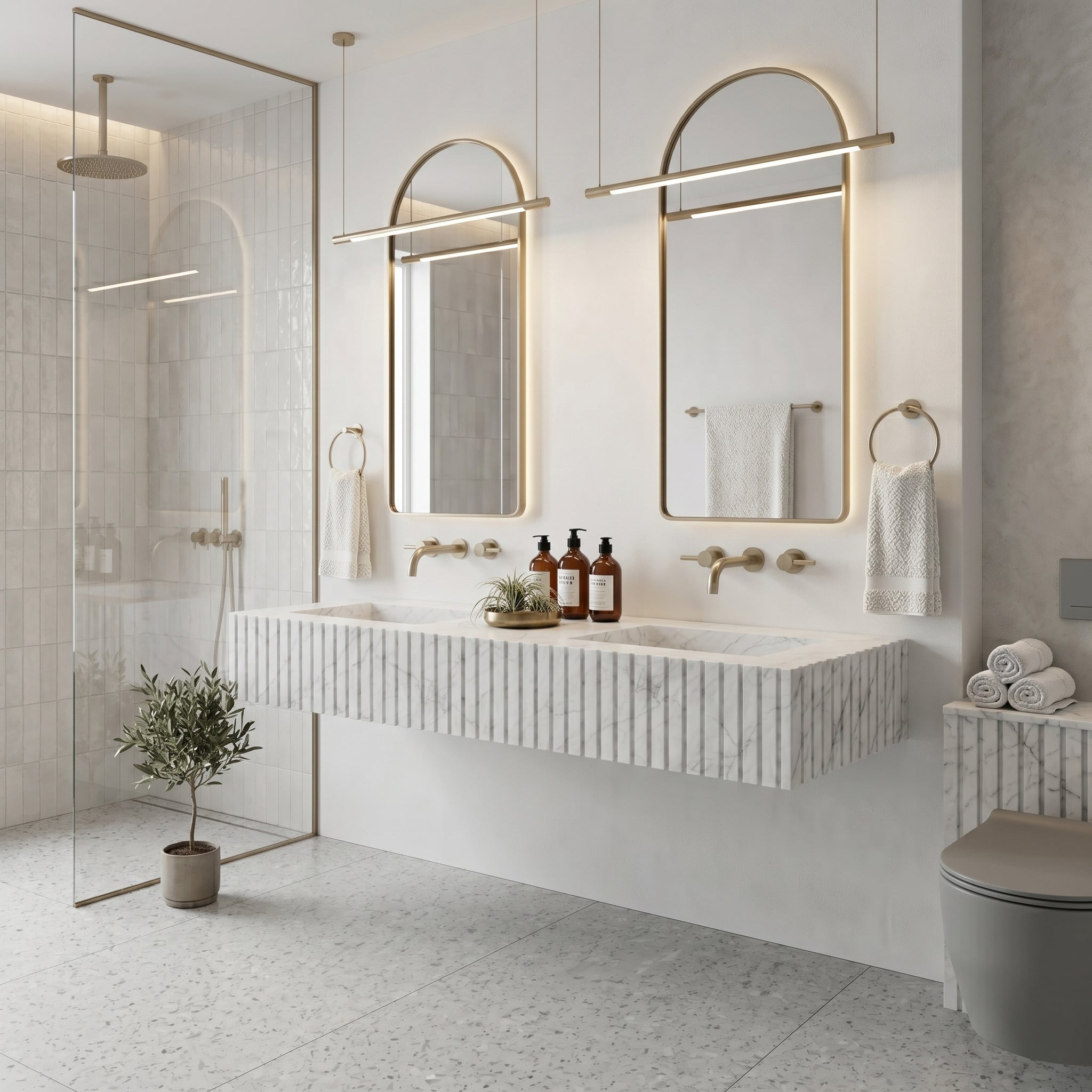 White Carrara Marble Double Sink - Fluted