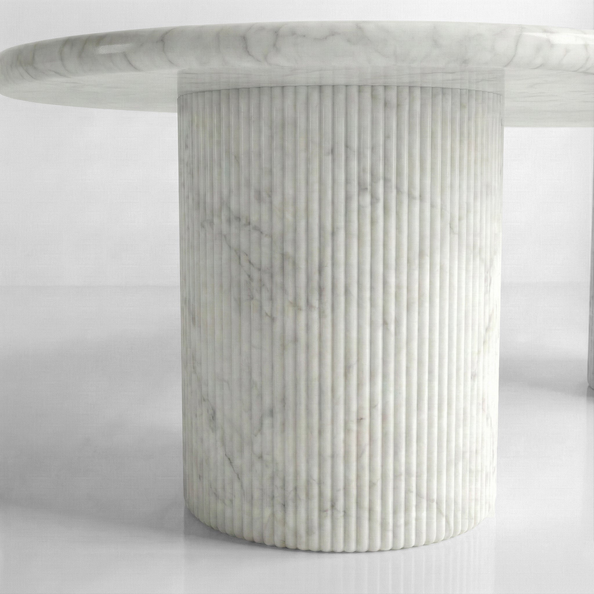 White Carrara Marble Oval Dining Table - Fluted