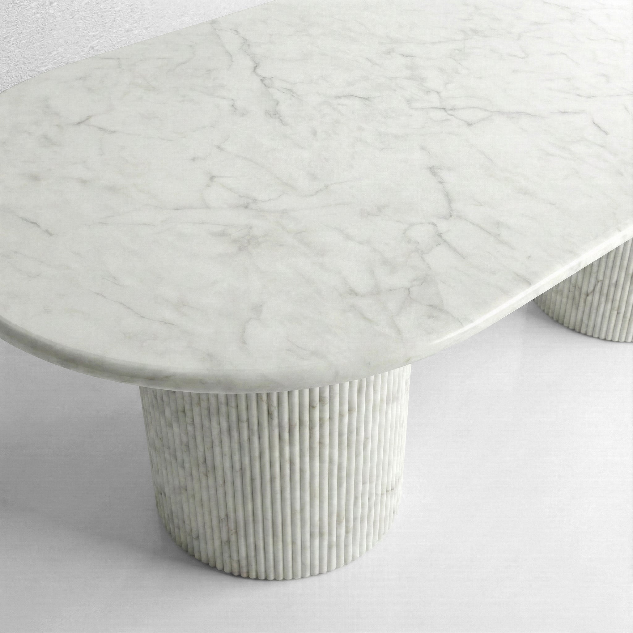 White Carrara Marble Oval Dining Table - Fluted
