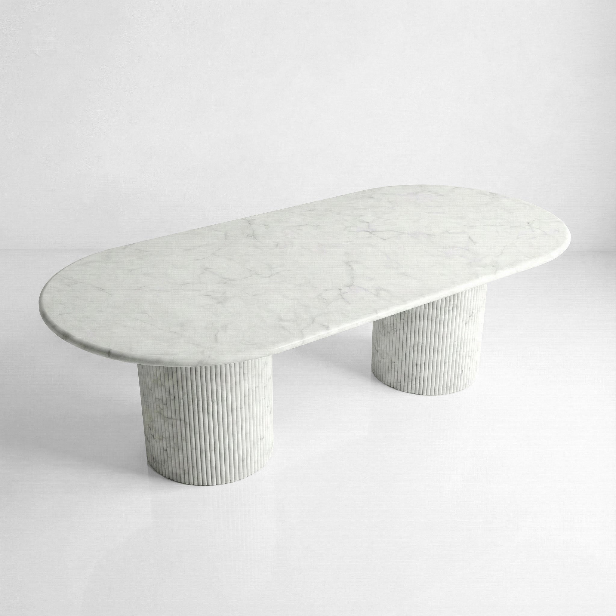 White Carrara Marble Oval Dining Table - Fluted