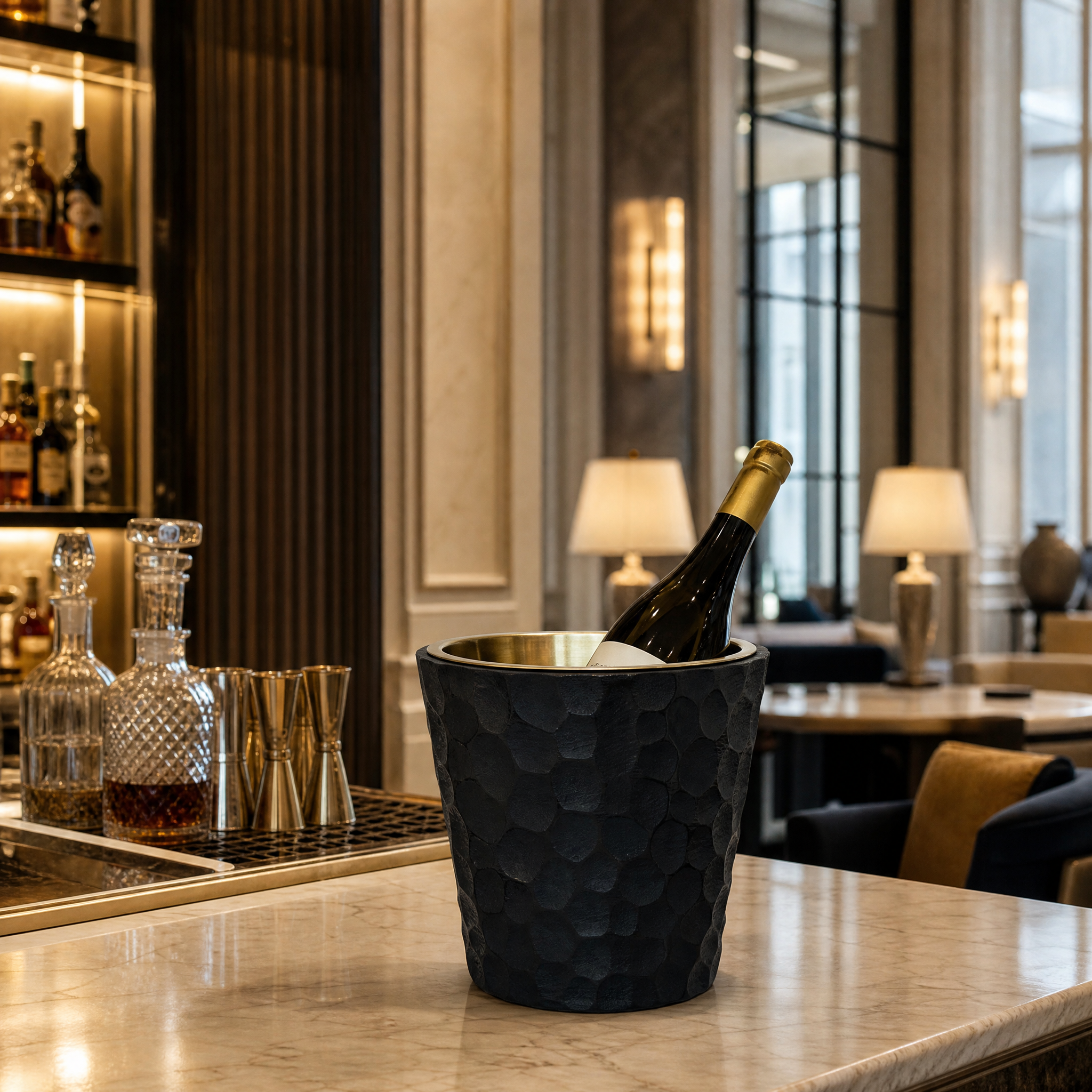 The VORELLI Castelli Wine Cooler on a high-end hospitality bar counter, blending functional wine cooling with sophisticated interior styling.