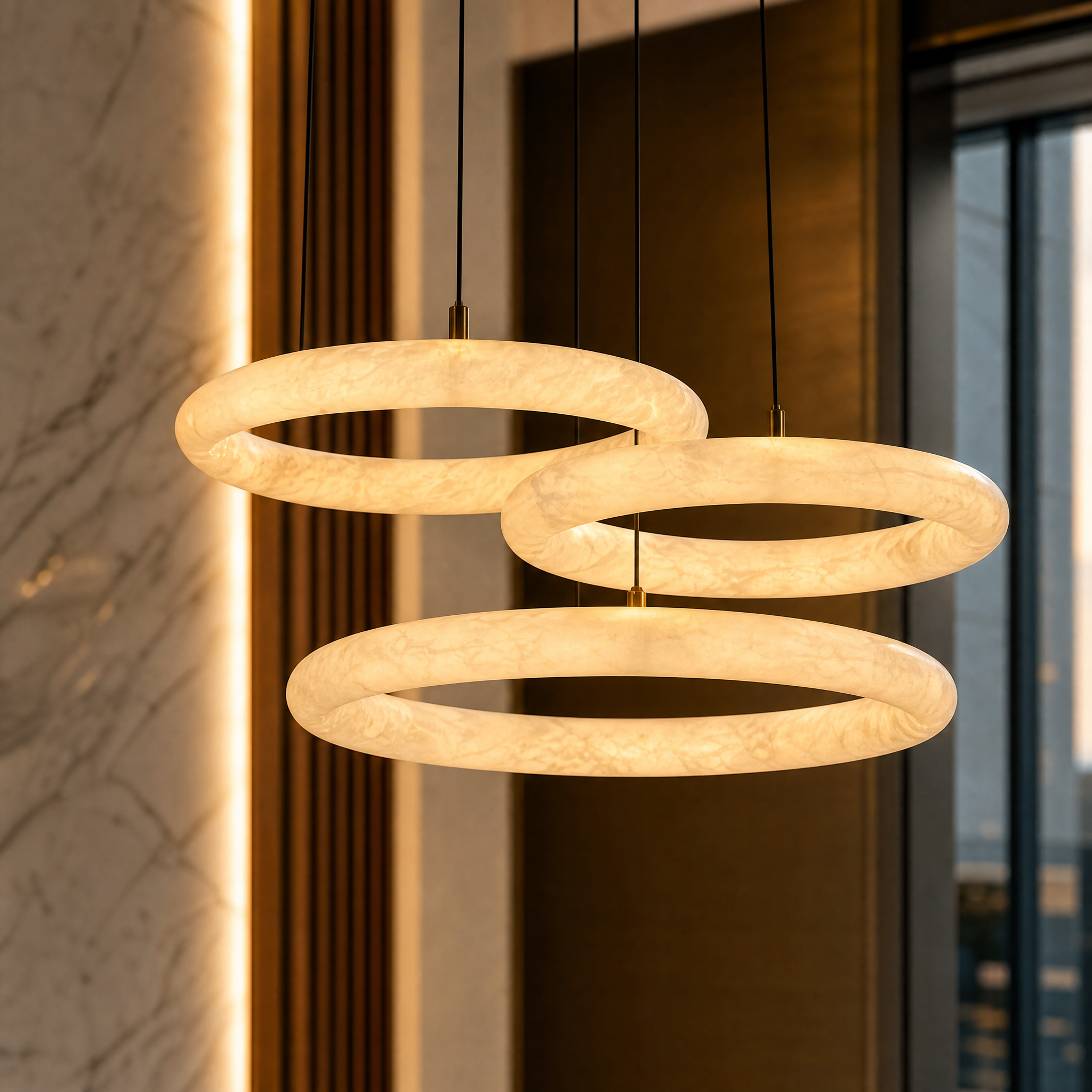 A detailed closeup shot of the VORELLI Cavani Chandelier showcasing the fine texture of the three suspended illuminated marble rings.