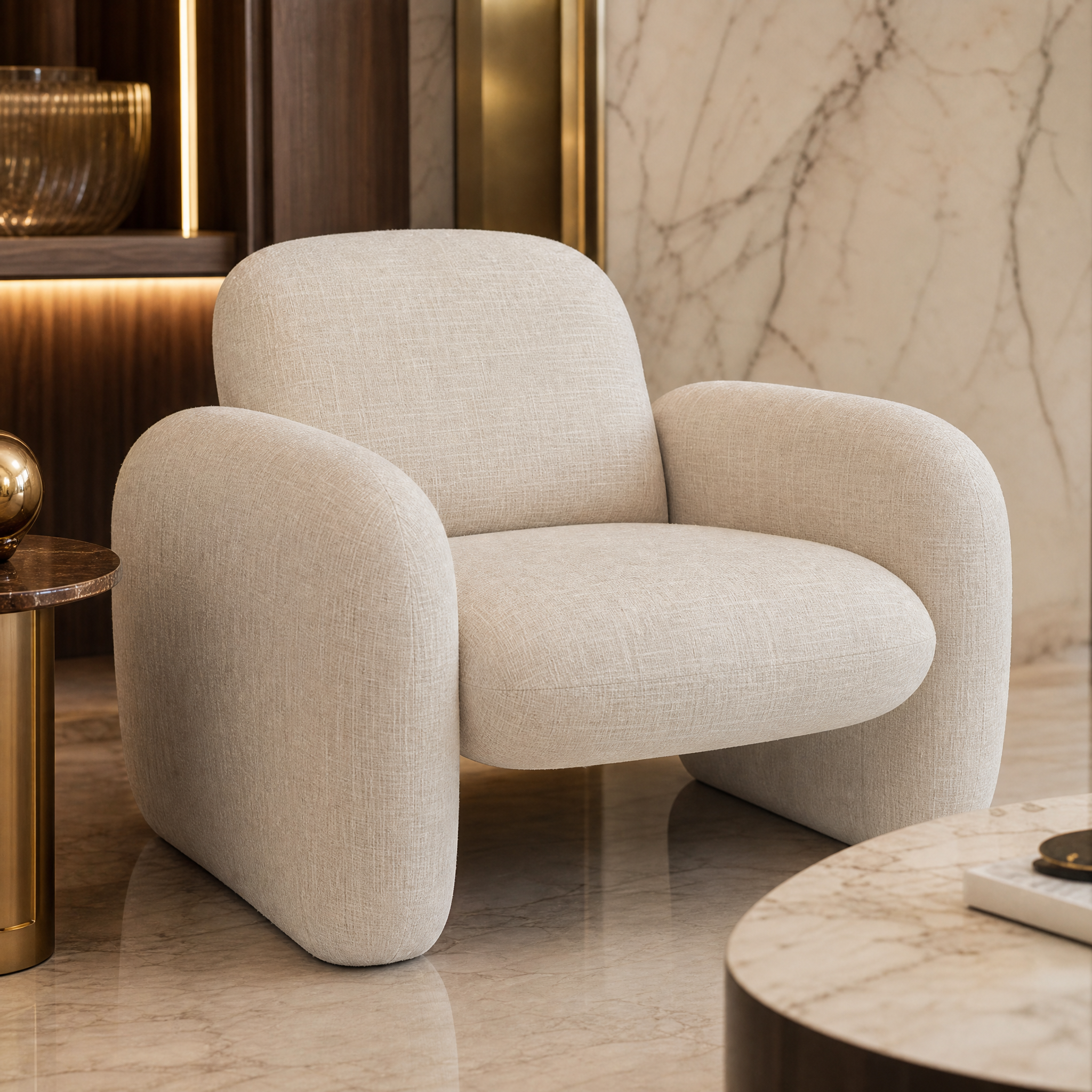 Detailed closeup of the premium cream upholstery fabric and refined stitching on the Chalino armchair.