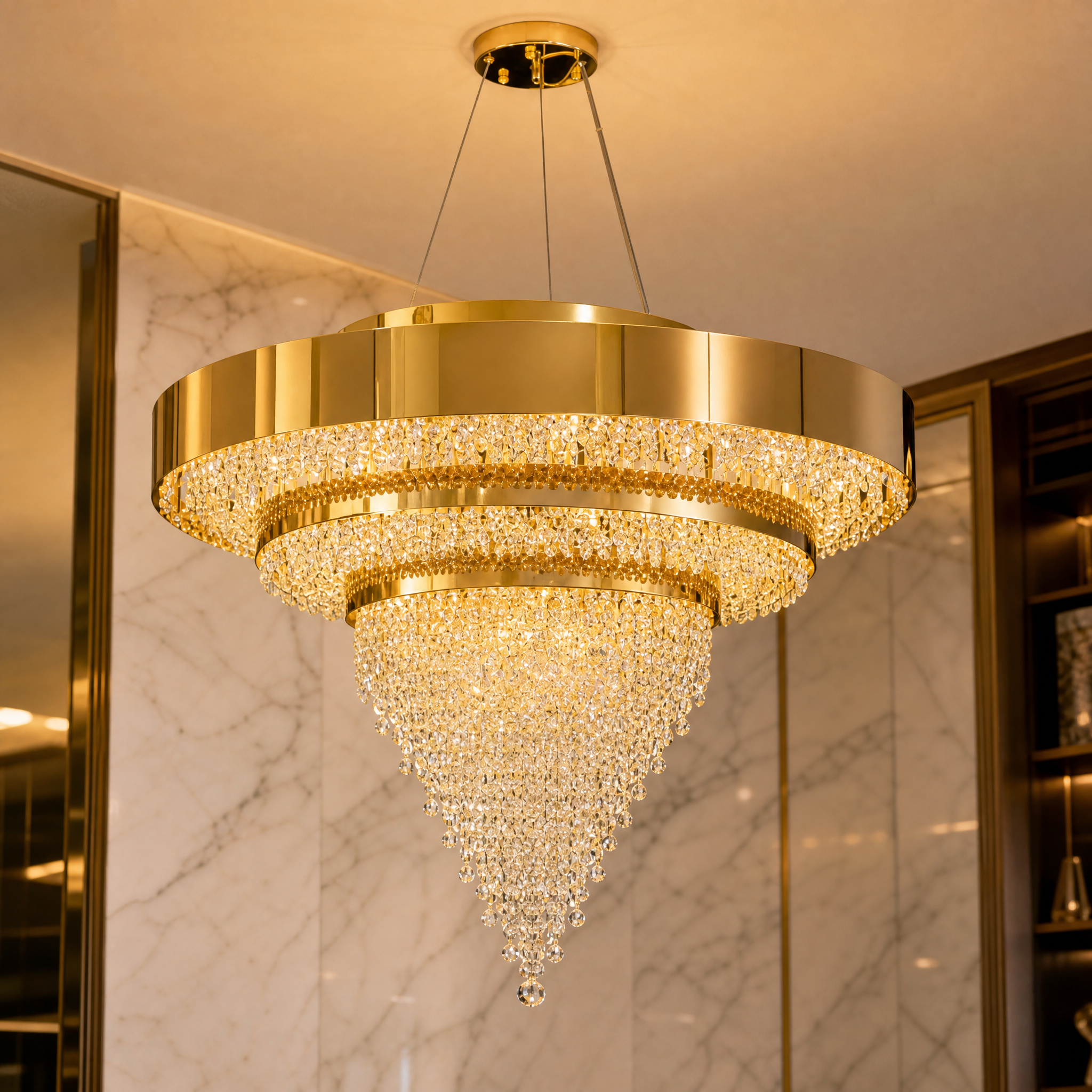 Close-up detail of the octagon crystal chains and polished titanium gold frame of the Champs Élysées chandelier