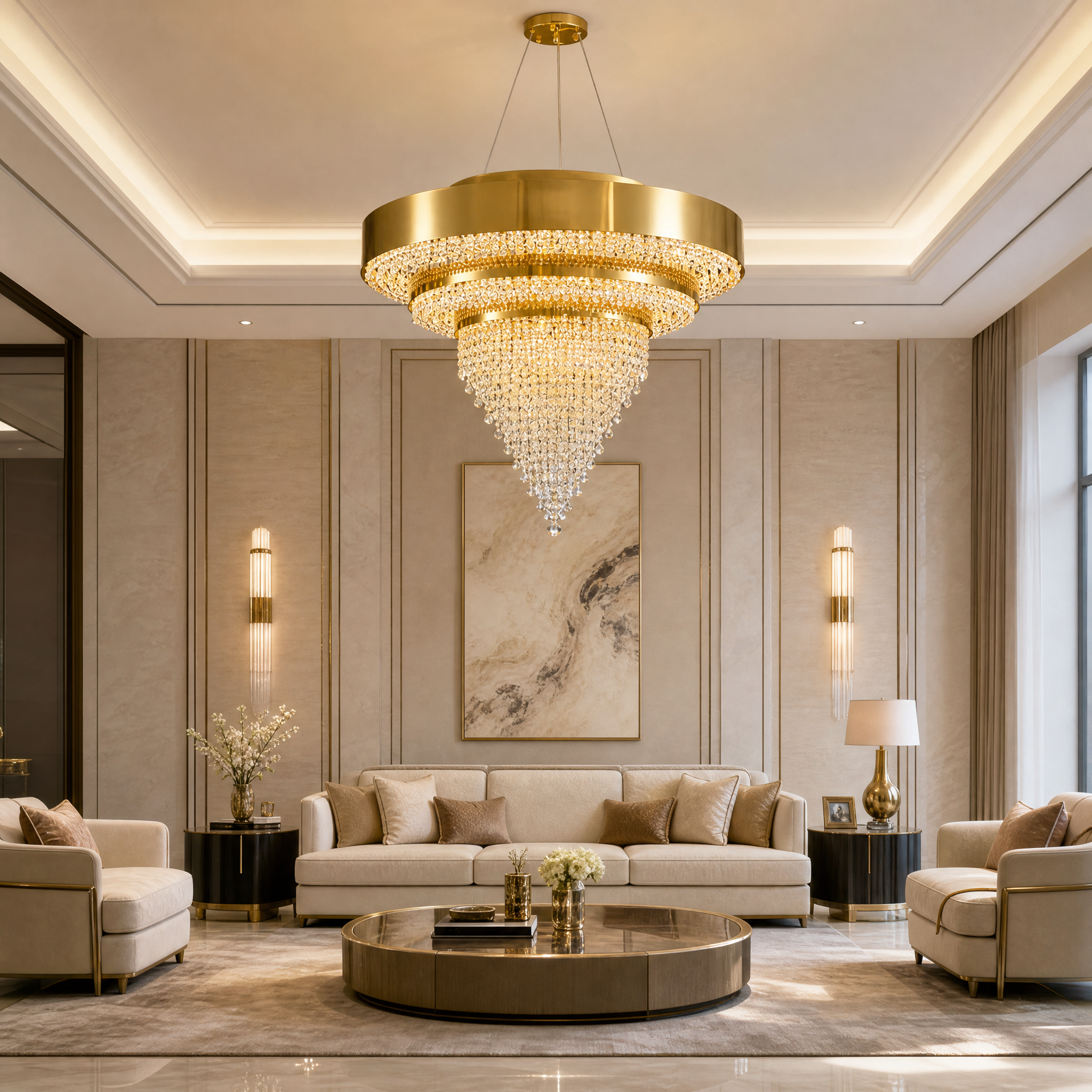 VORELLI Champs Élysées circular chandelier hanging in a luxury residential dining room with gold accents