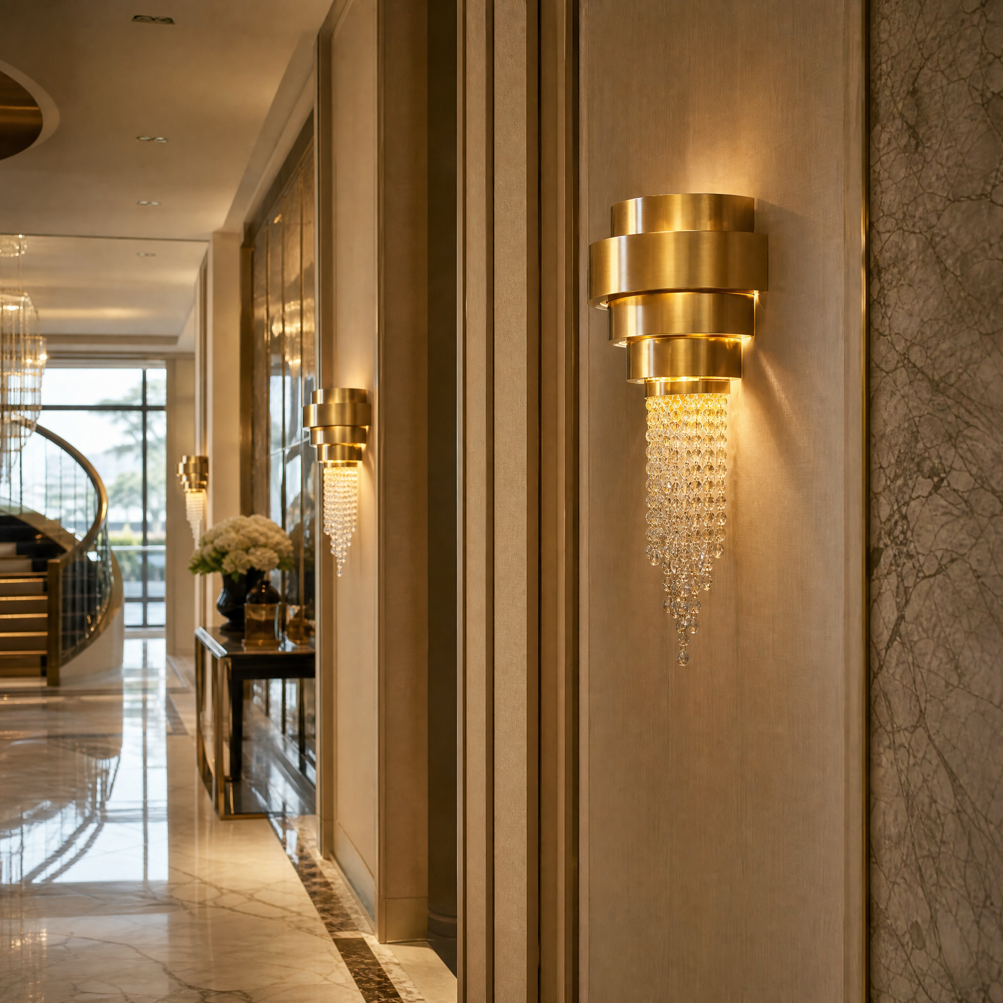 Sophisticated Champs Élysées octagon crystal wall sconces providing elegant ambient lighting in a luxury hotel lobby hospitality setting.