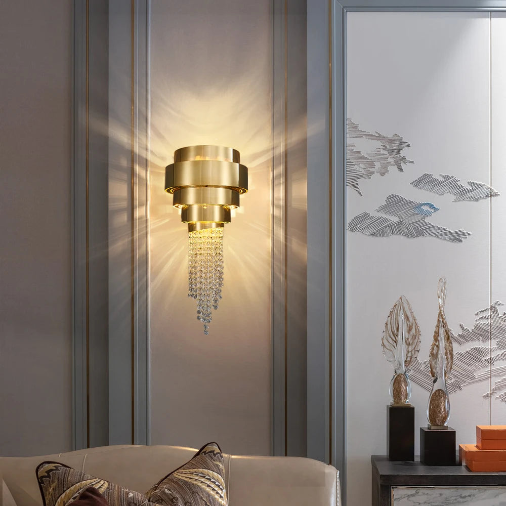 champs elysees wall light illuminated in luxury interior with octagon crystal chain