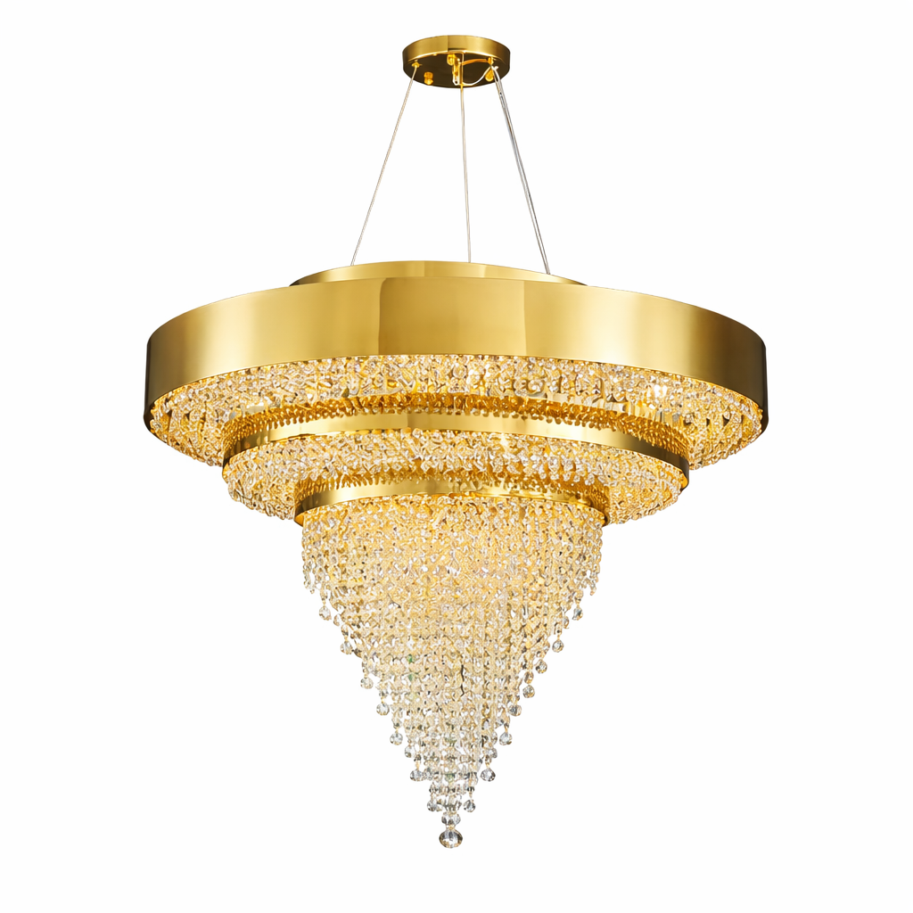 Champs Élysées circular chandelier casting elegant patterns with its titanium gold frame and premium crystal