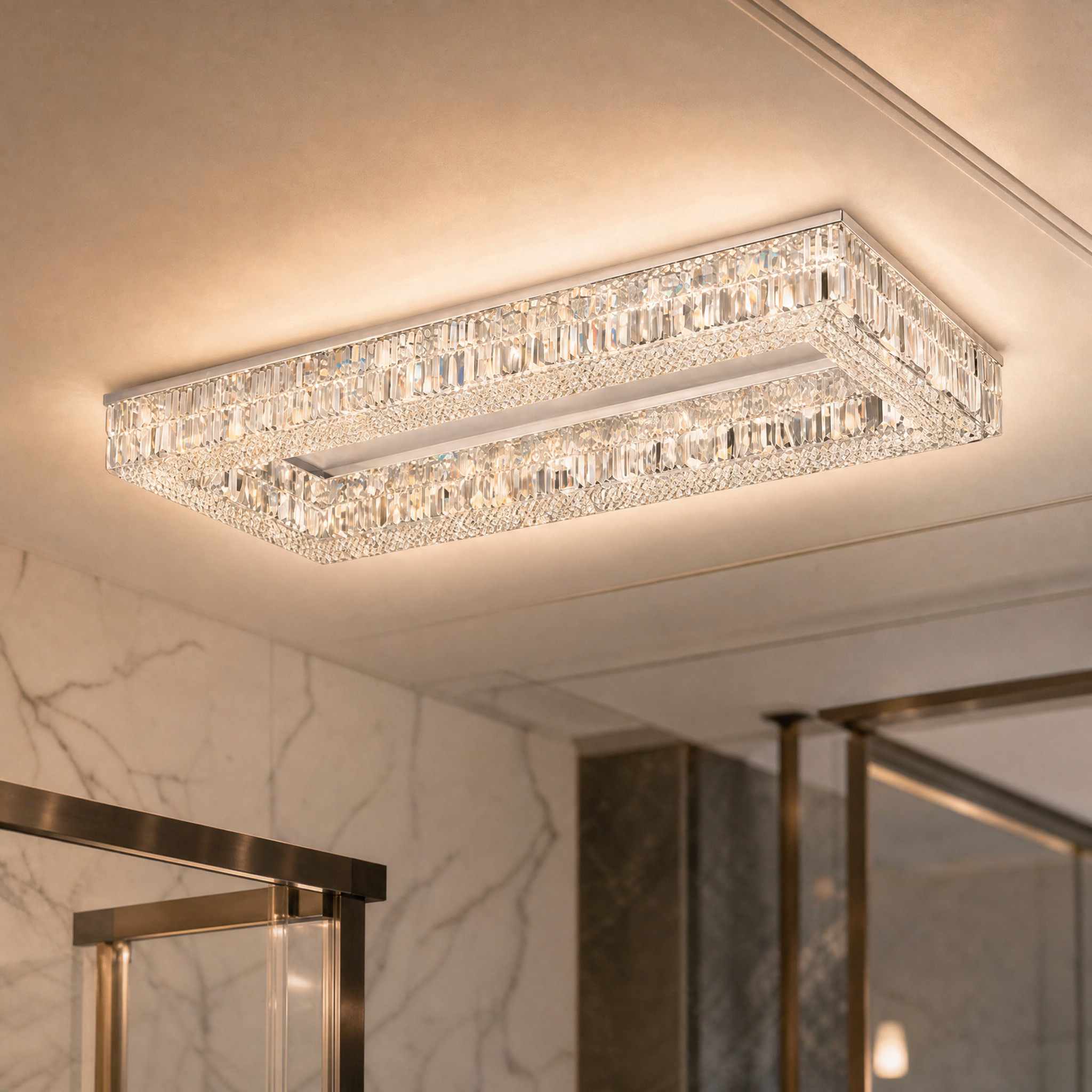 Macro closeup shot of the VORELLI Chartrons Rectangular Ceiling Light showcasing the intricate crystal bars, geometric squares, and premium craftsmanship.