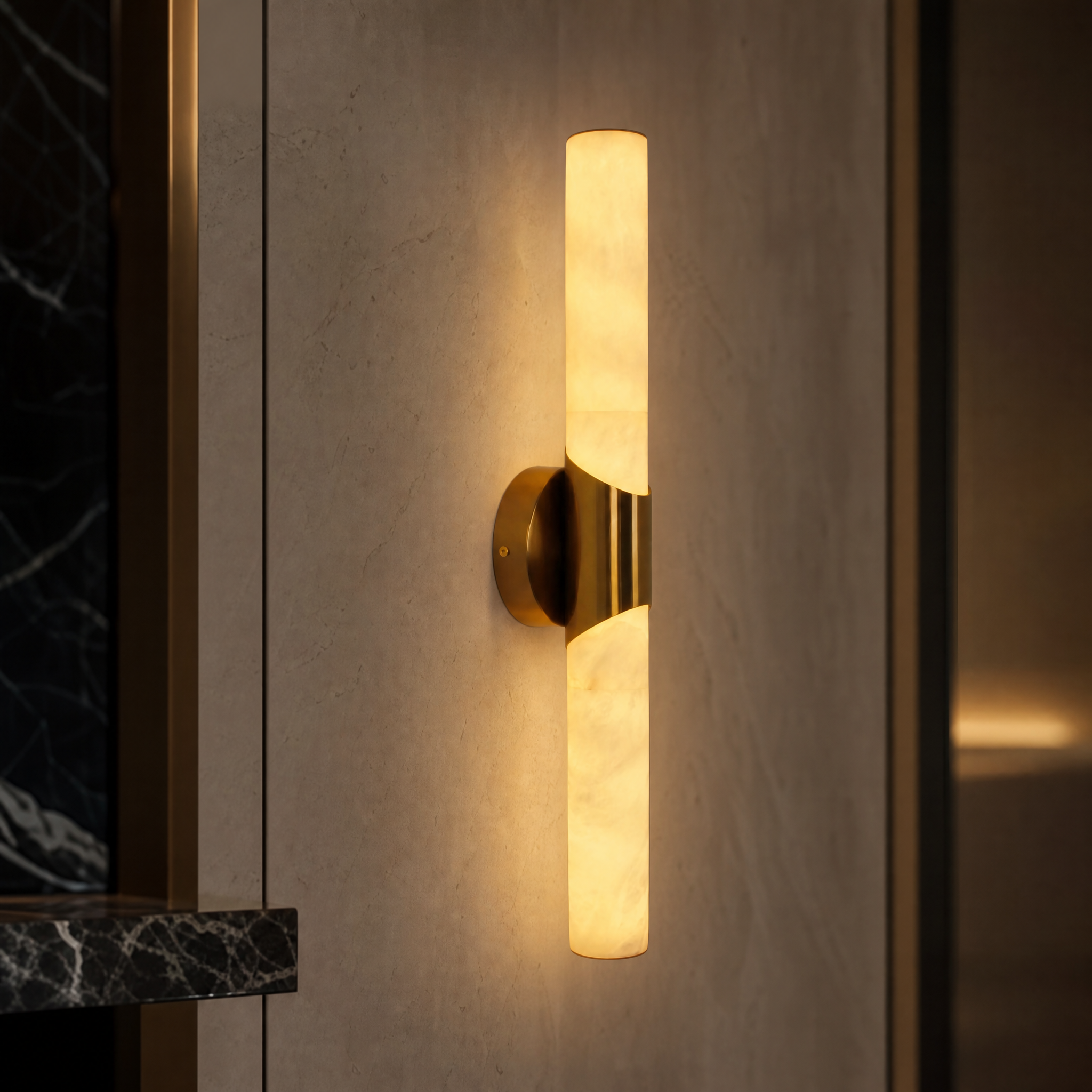 Macro closeup of the VORELLI Cilindro wall light highlighting the unique natural veining and premium texture of the cylindrical marble.