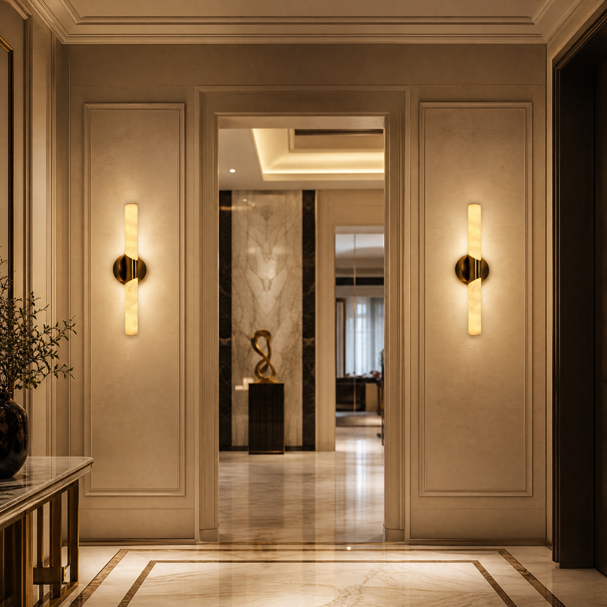 Sleek Cilindro marble wall sconces by VORELLI adding understated elegance and ambient lighting to a luxury hospitality lounge.